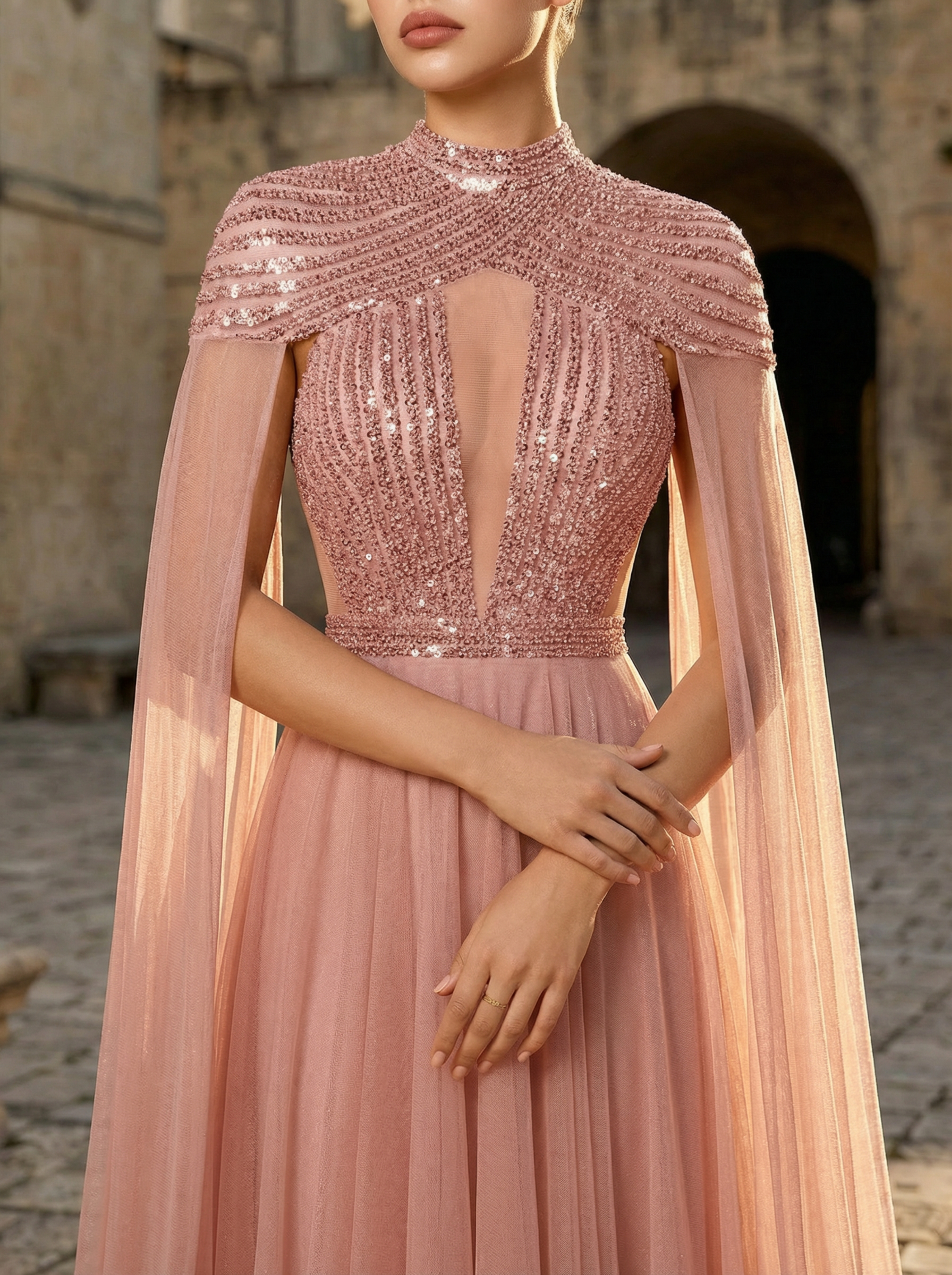 Elegant Sequined Gown with Tulle and Extra-Long Sleeves for Formal Occasions