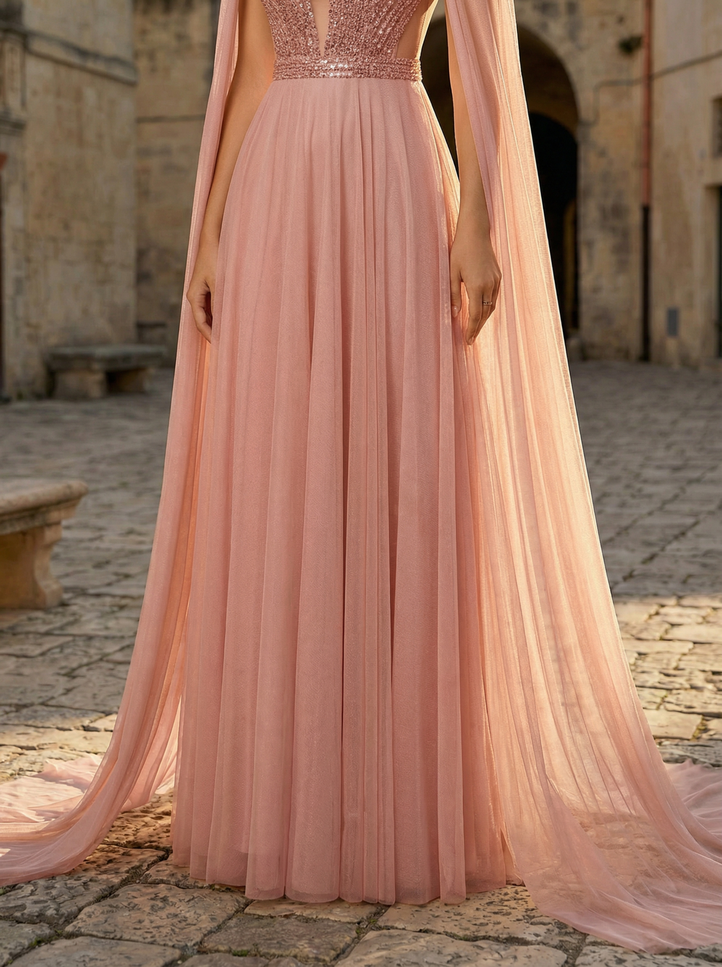 Elegant Sequined Gown with Tulle and Extra-Long Sleeves for Formal Occasions