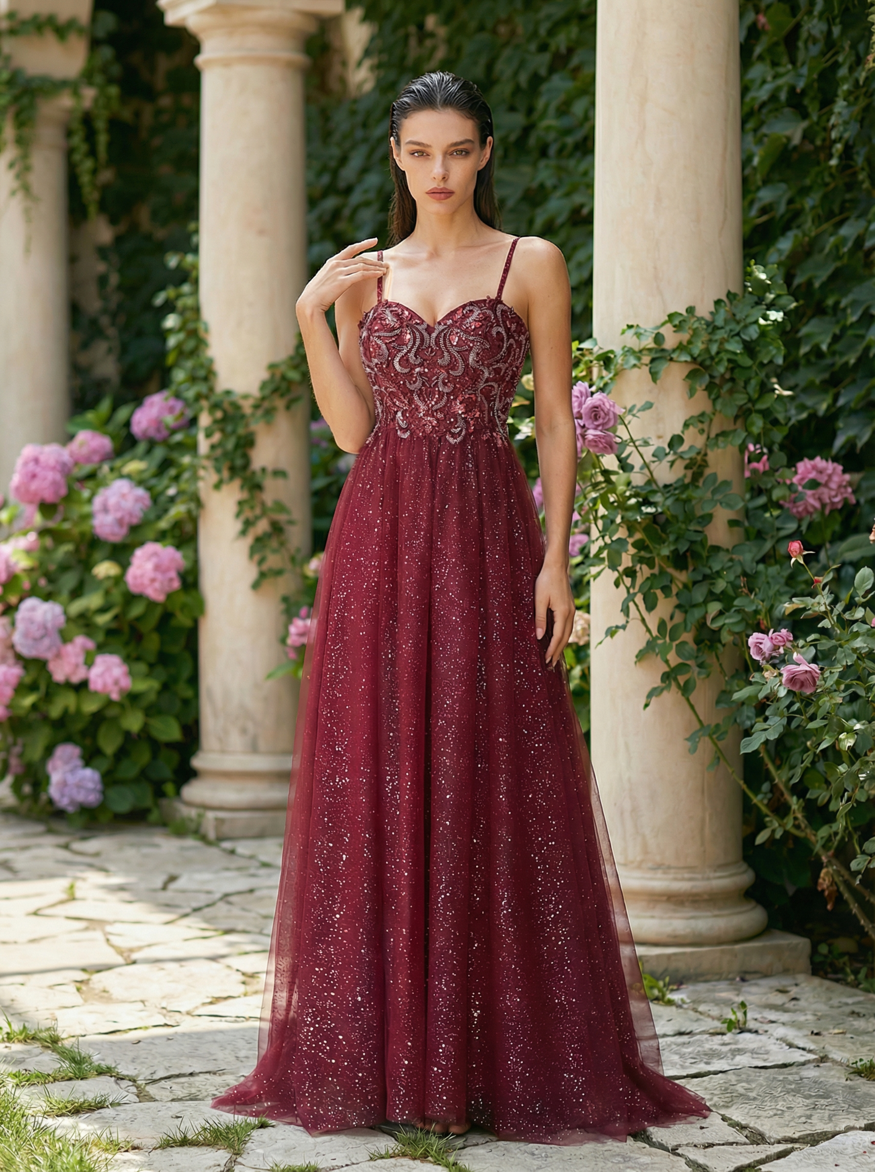 Elegant Sparkly Beaded Tulle A-Line Evening Gown