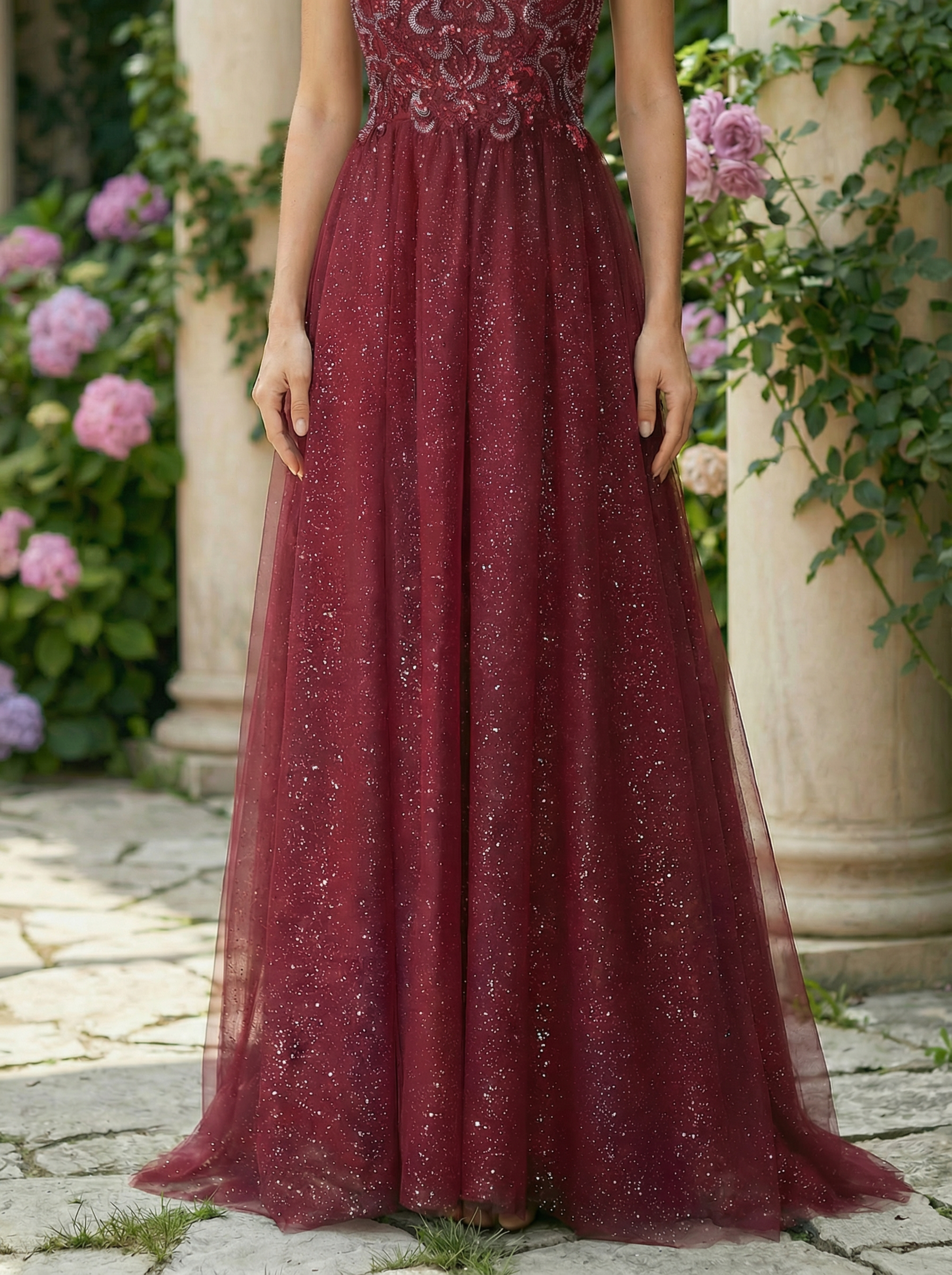 Elegant Sparkly Beaded Tulle A-Line Evening Gown