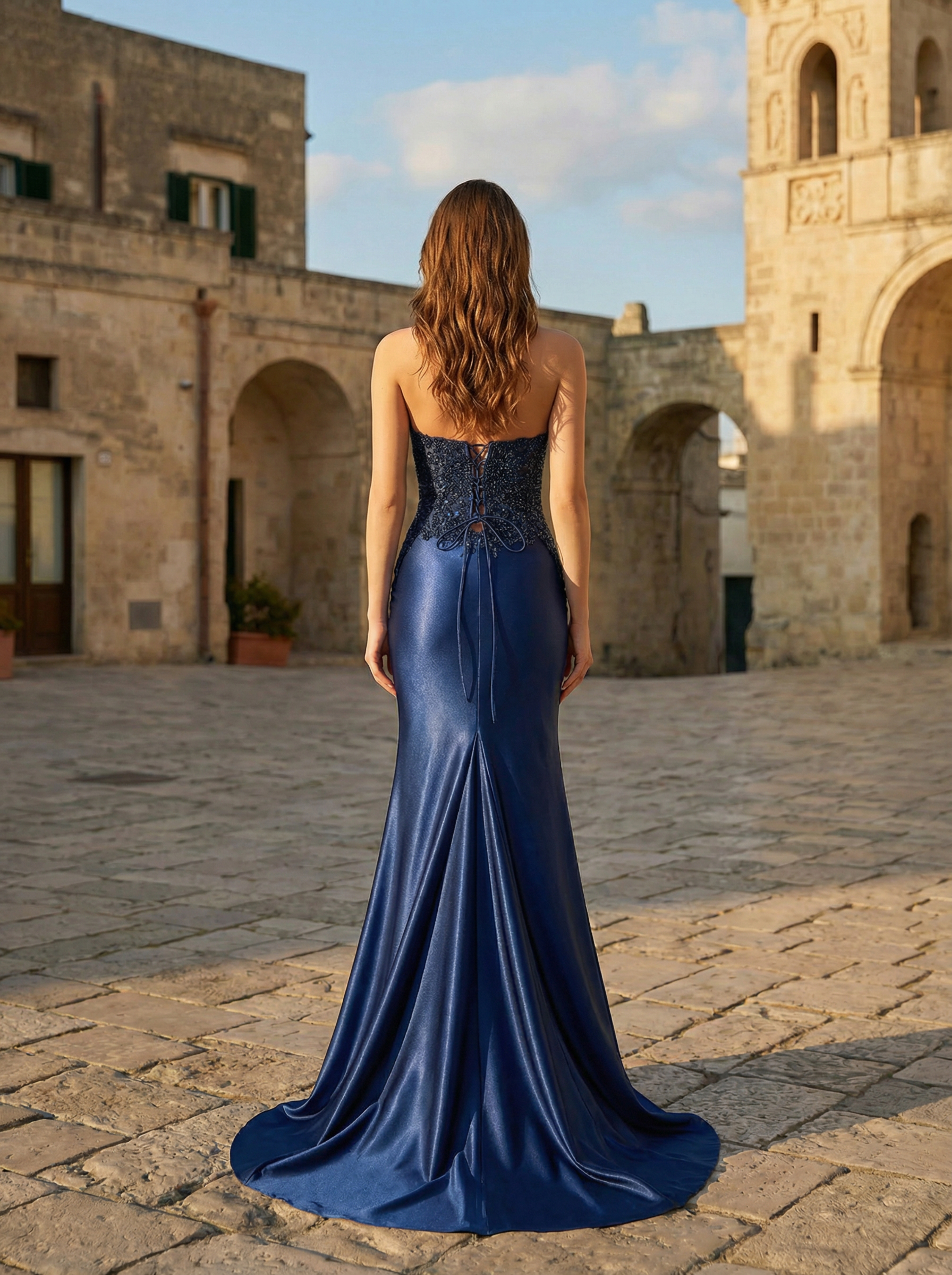 Elegant Strapless Beaded Corset High Slit Train Gown Formal Evening Dress in Navy - Prom Dress
