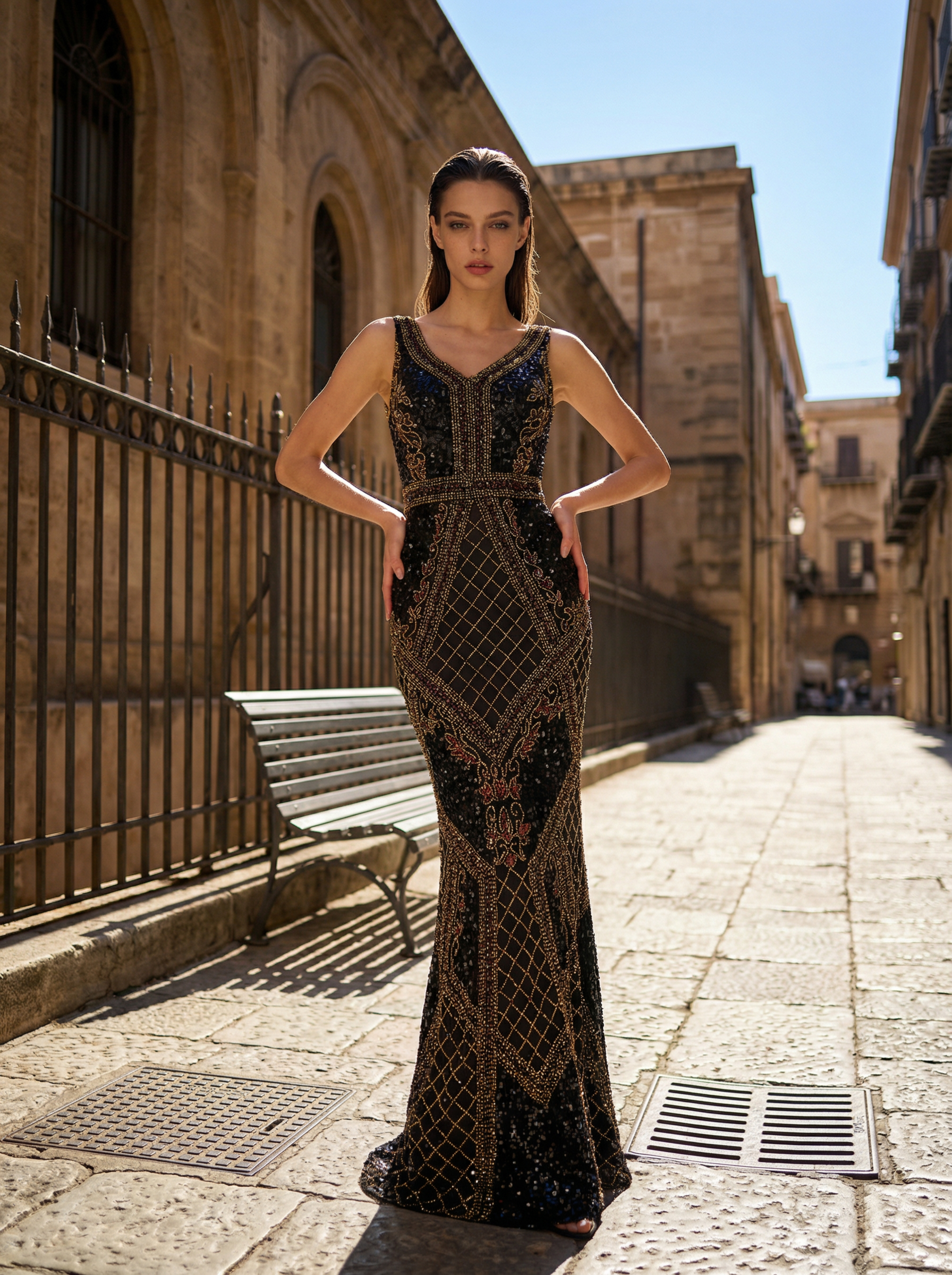 Elegant V Neck Prom Dress Fully Beaded Mermaid Formal Dress
