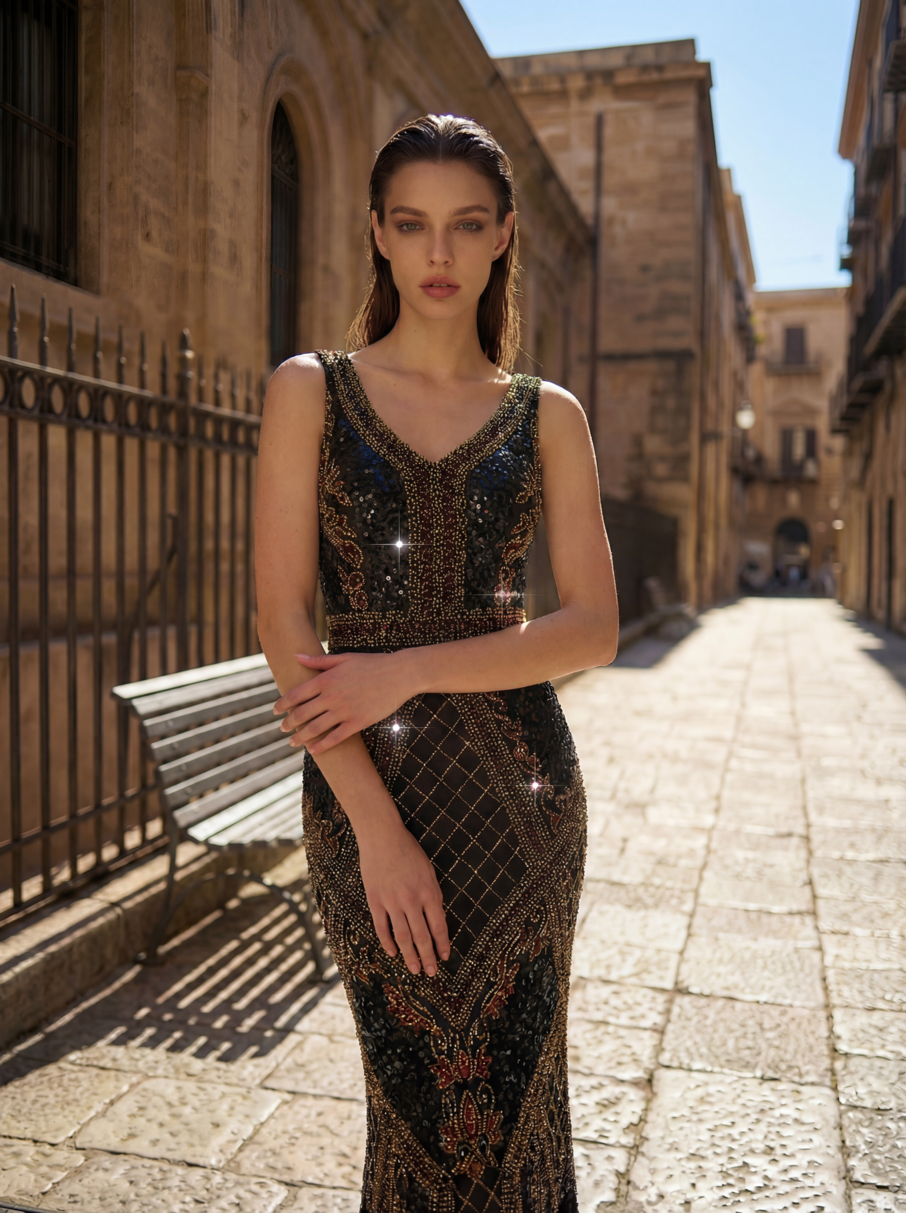 Elegant V Neck Prom Dress Fully Beaded Mermaid Formal Dress
