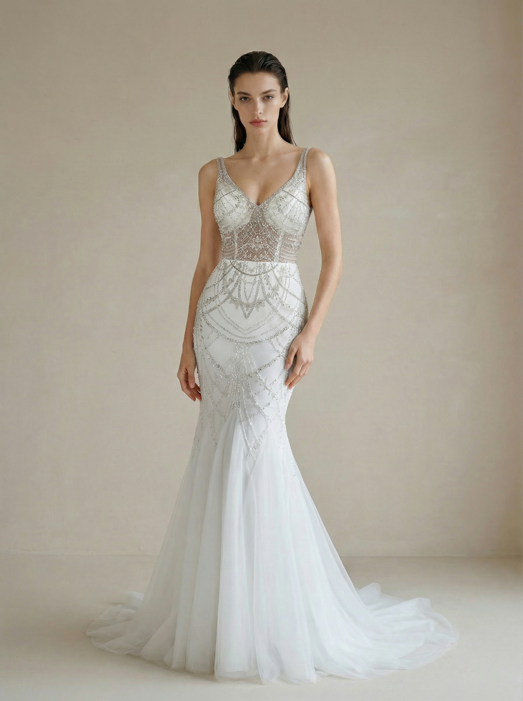 Elegant V-Neck Mermaid Long Beaded Sequined Gown Wedding Dress