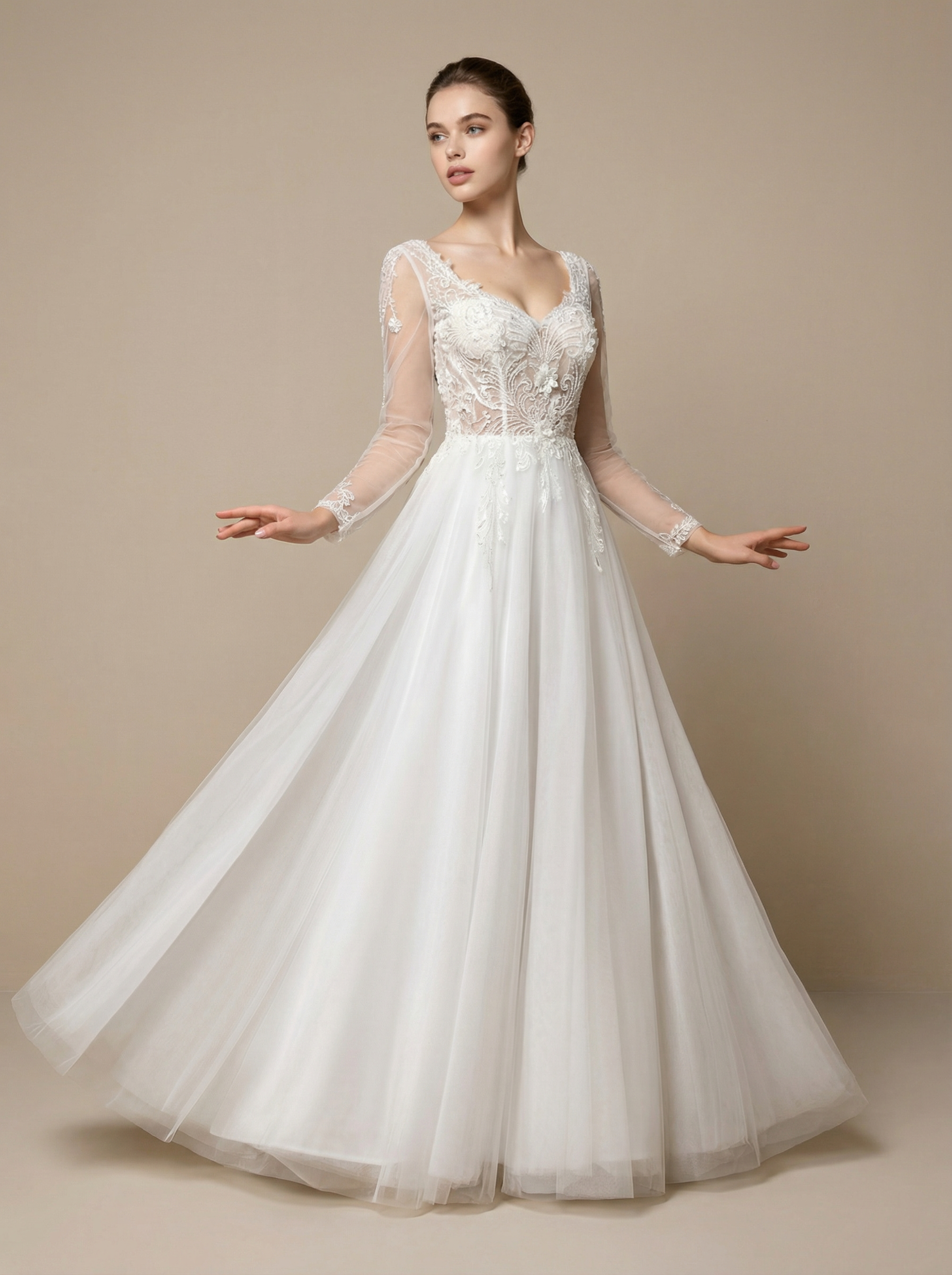 Elegant V-Neck Wedding Gown with 3D Beadwork and Layered Tulle