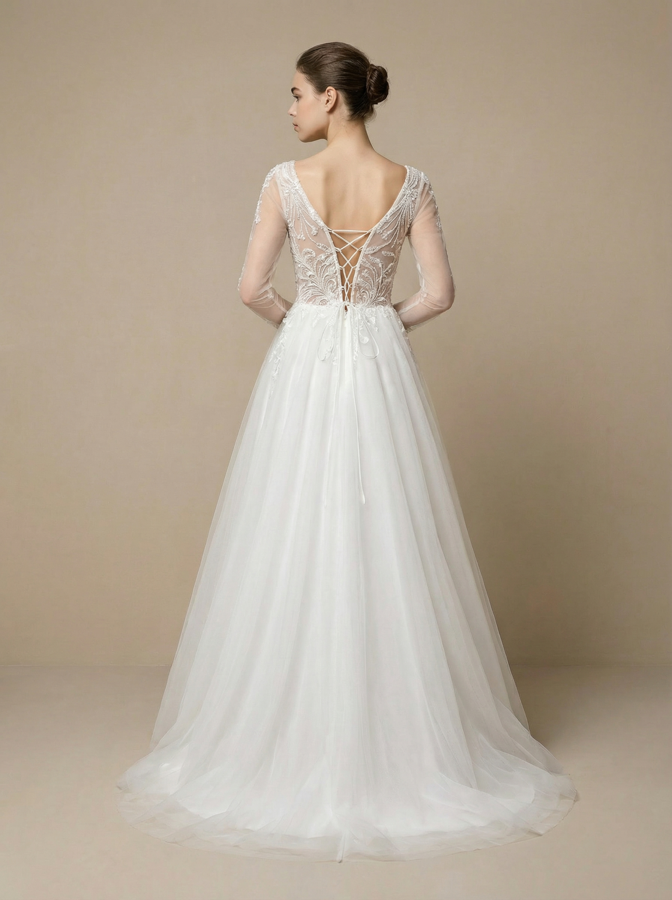 Elegant V-Neck Wedding Gown with 3D Beadwork and Layered Tulle