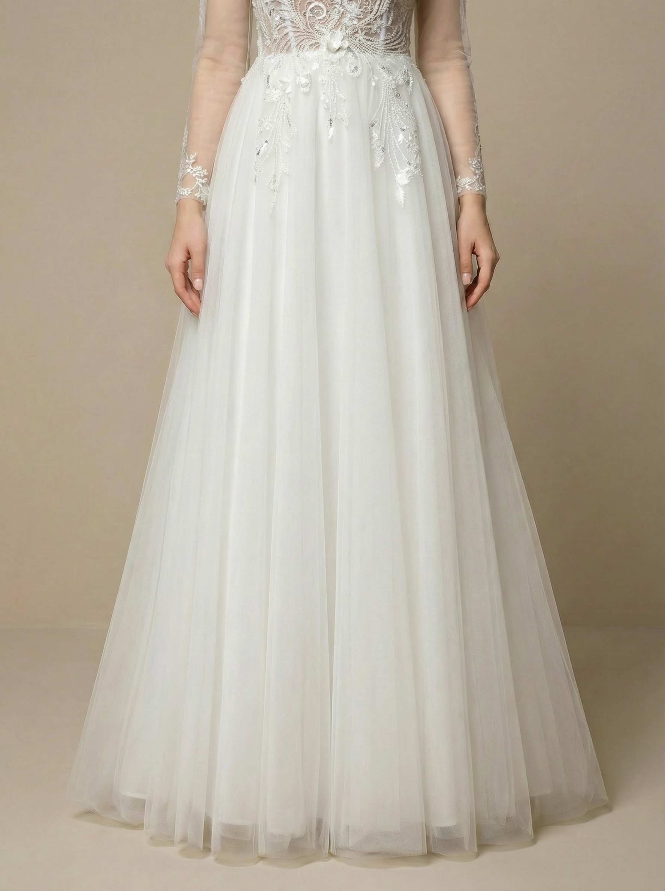 Elegant V-Neck Wedding Gown with 3D Beadwork and Layered Tulle