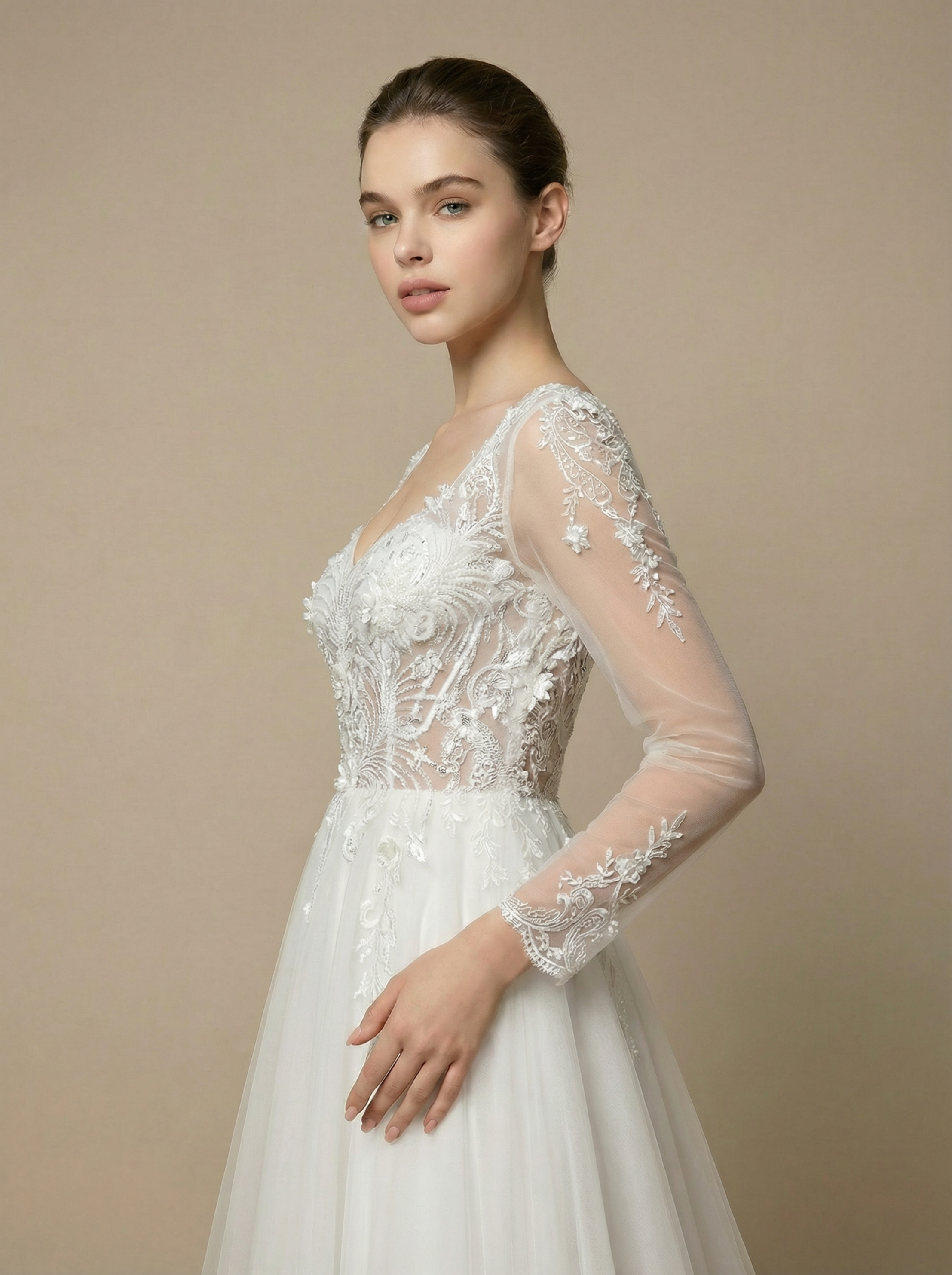 Elegant V-Neck Wedding Gown with 3D Beadwork and Layered Tulle