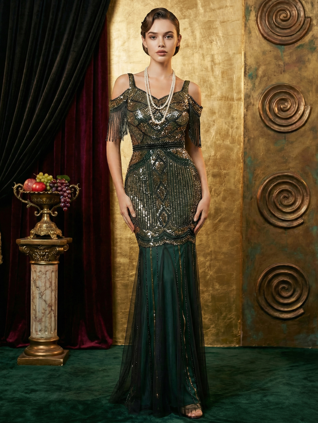 Dark green Sequins Long 1920s Dress with Cold Shoulder