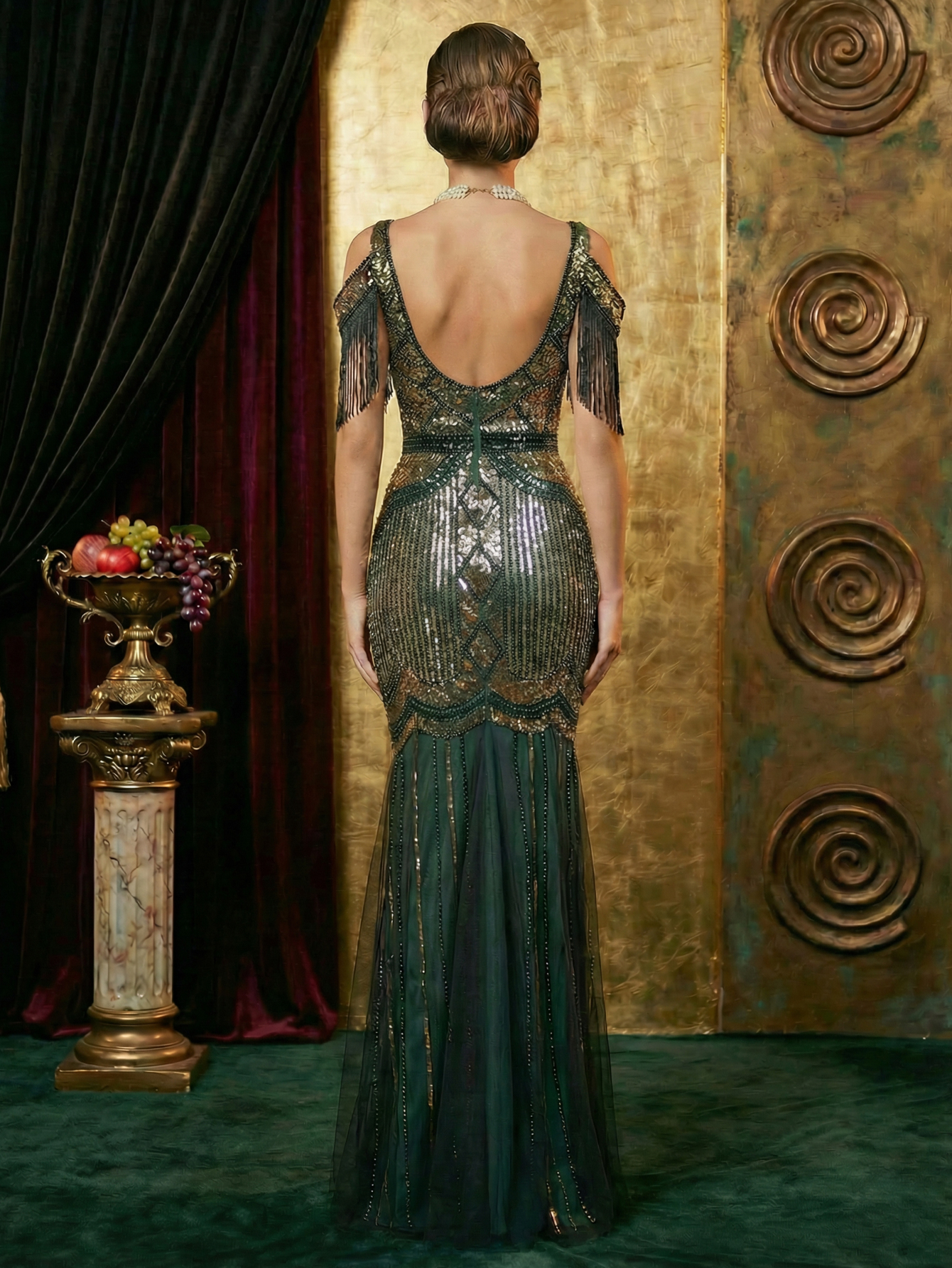 Dark green Sequins Long 1920s Dress with Cold Shoulder