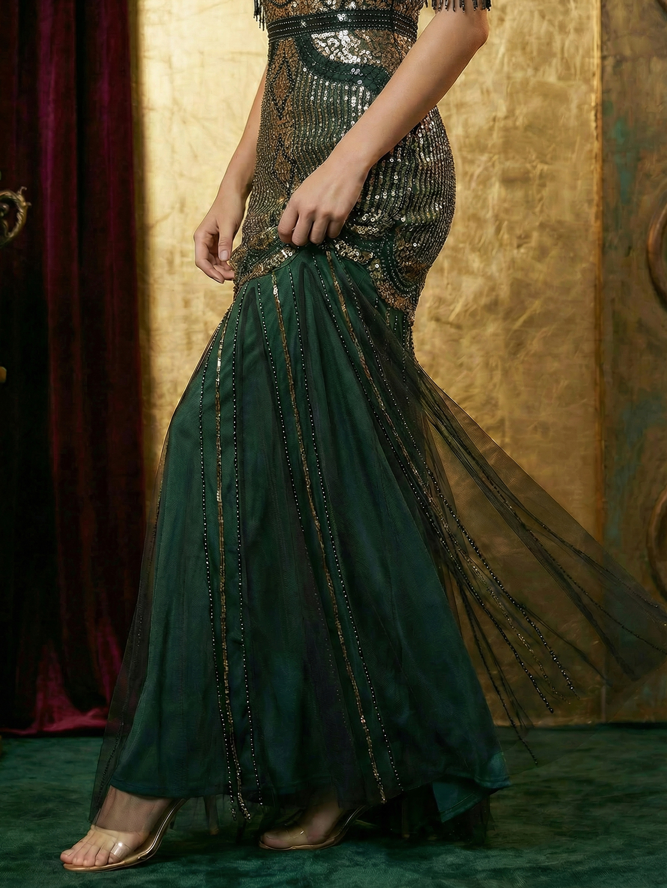 Dark green Sequins Long 1920s Dress with Cold Shoulder