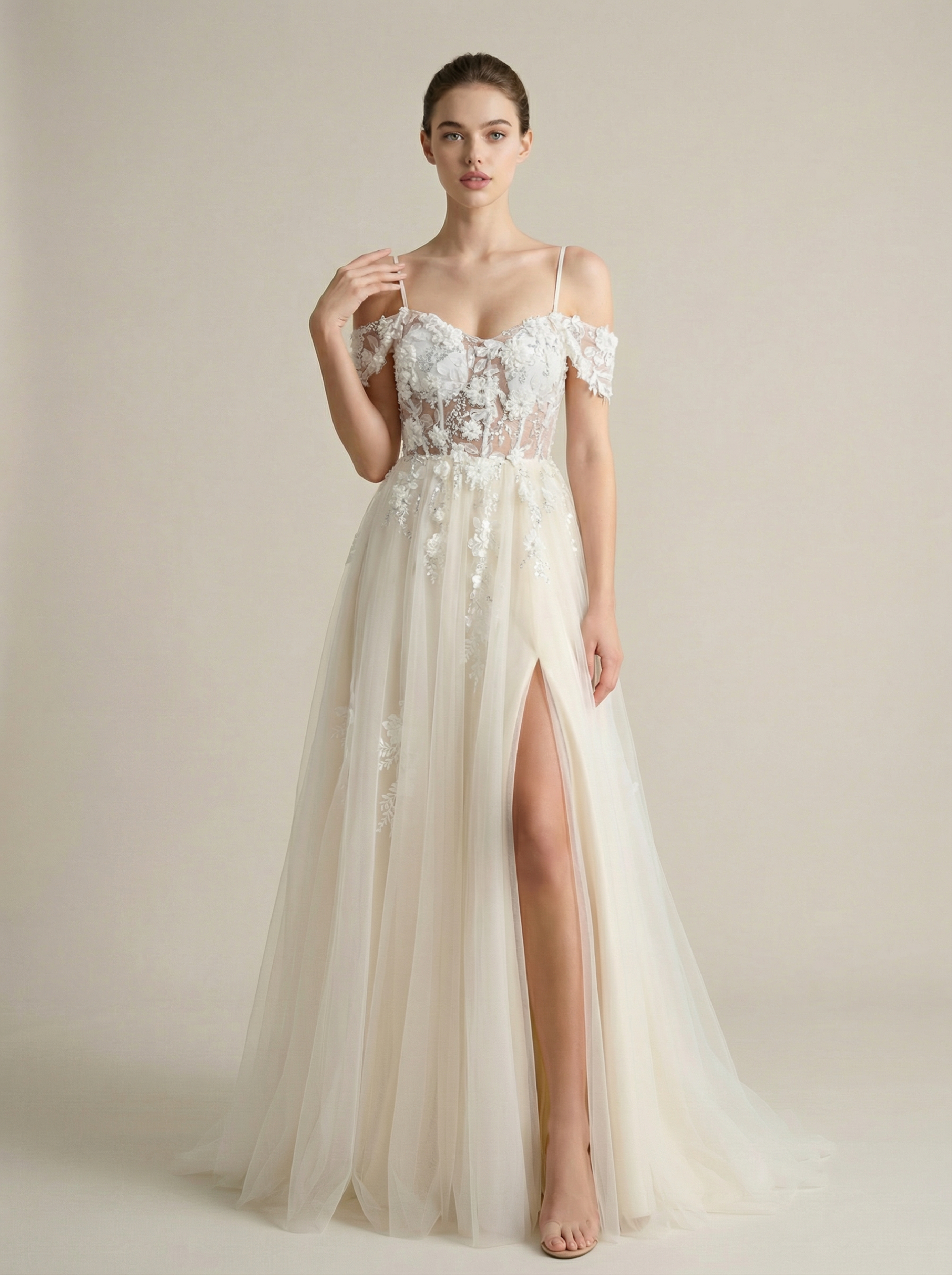 Floral Lace Off-Shoulder A-Line Gown with High Slit