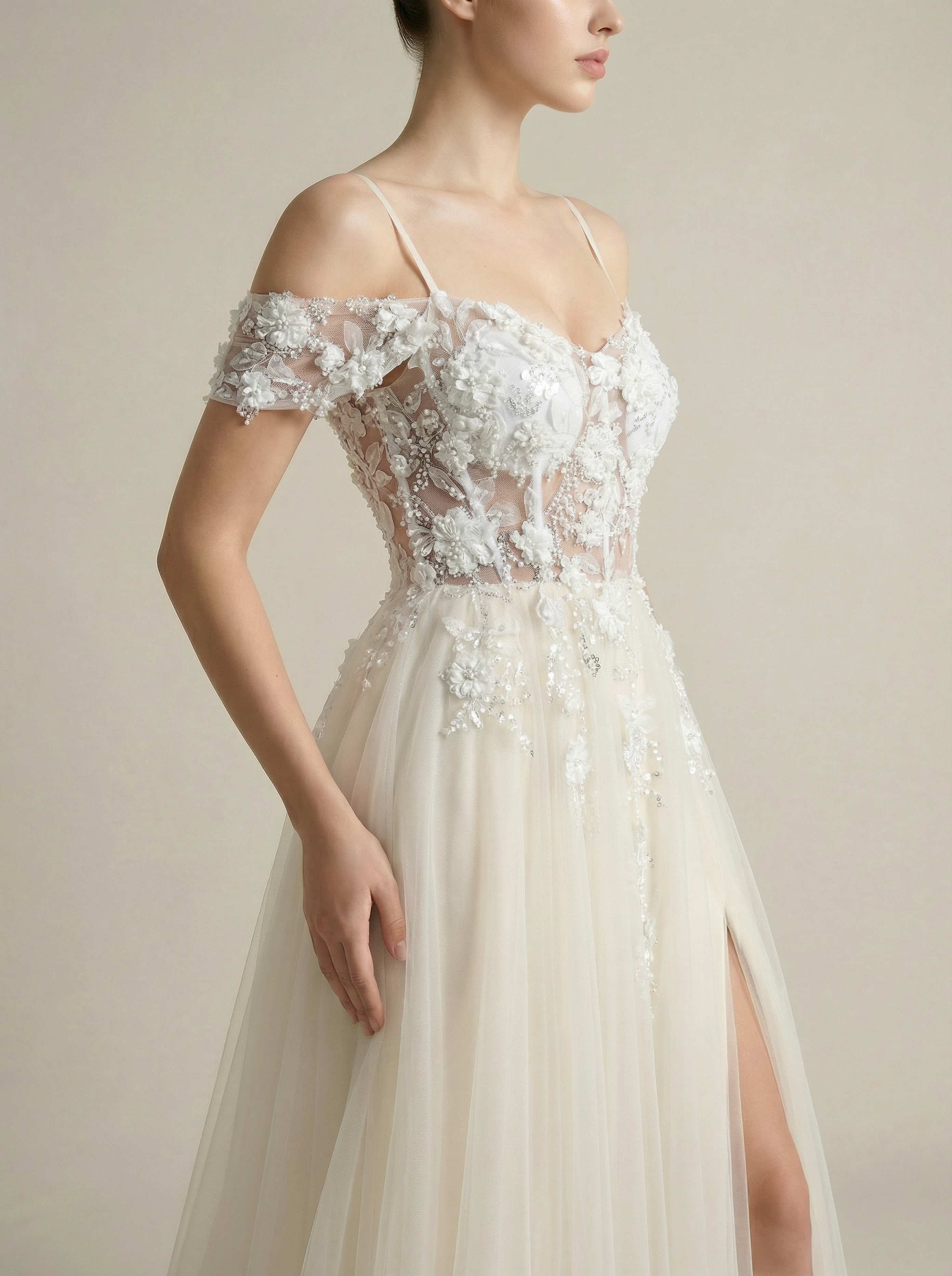 Floral Lace Off-Shoulder A-Line Gown with High Slit