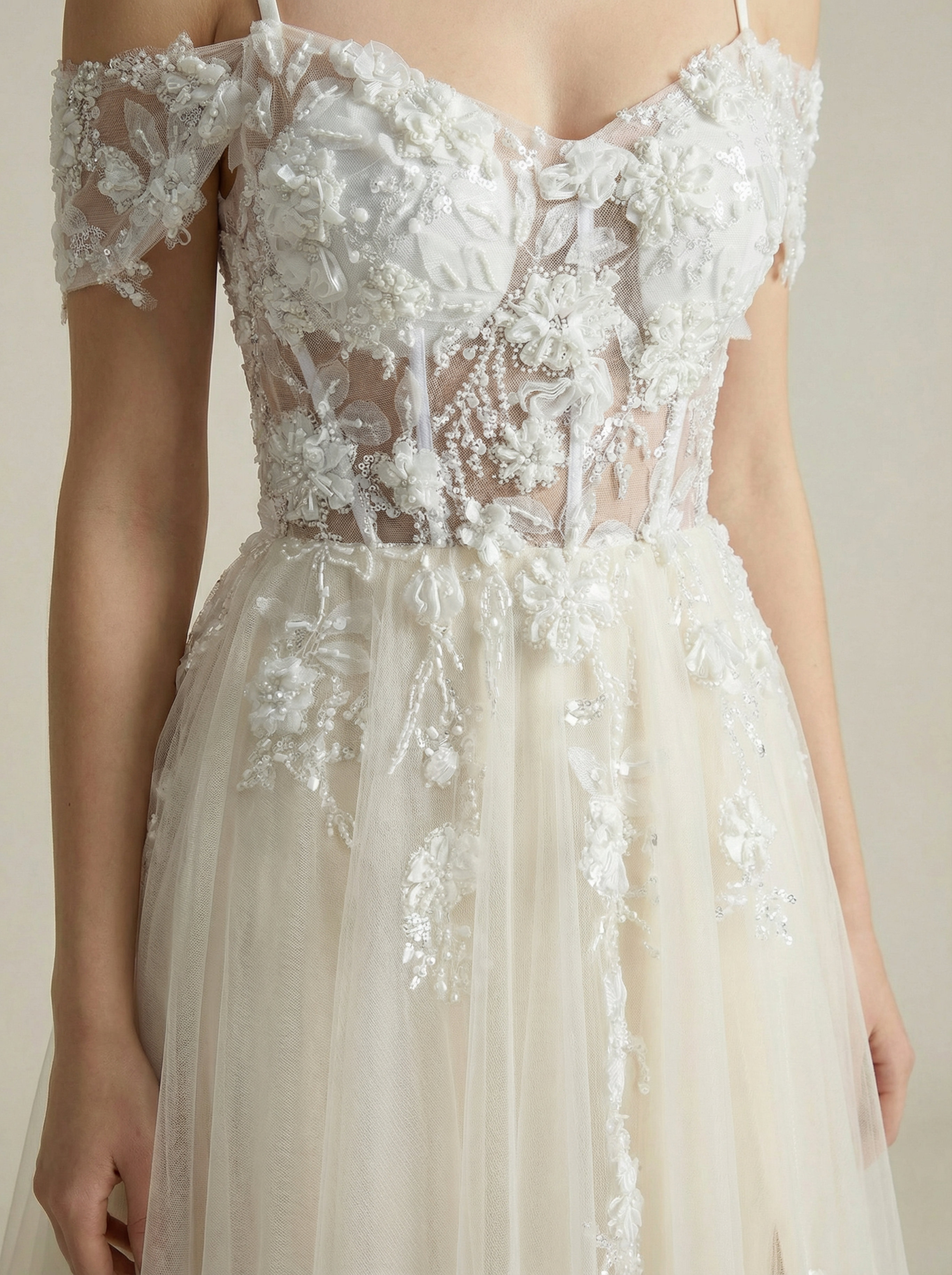 Floral Lace Off-Shoulder A-Line Gown with High Slit