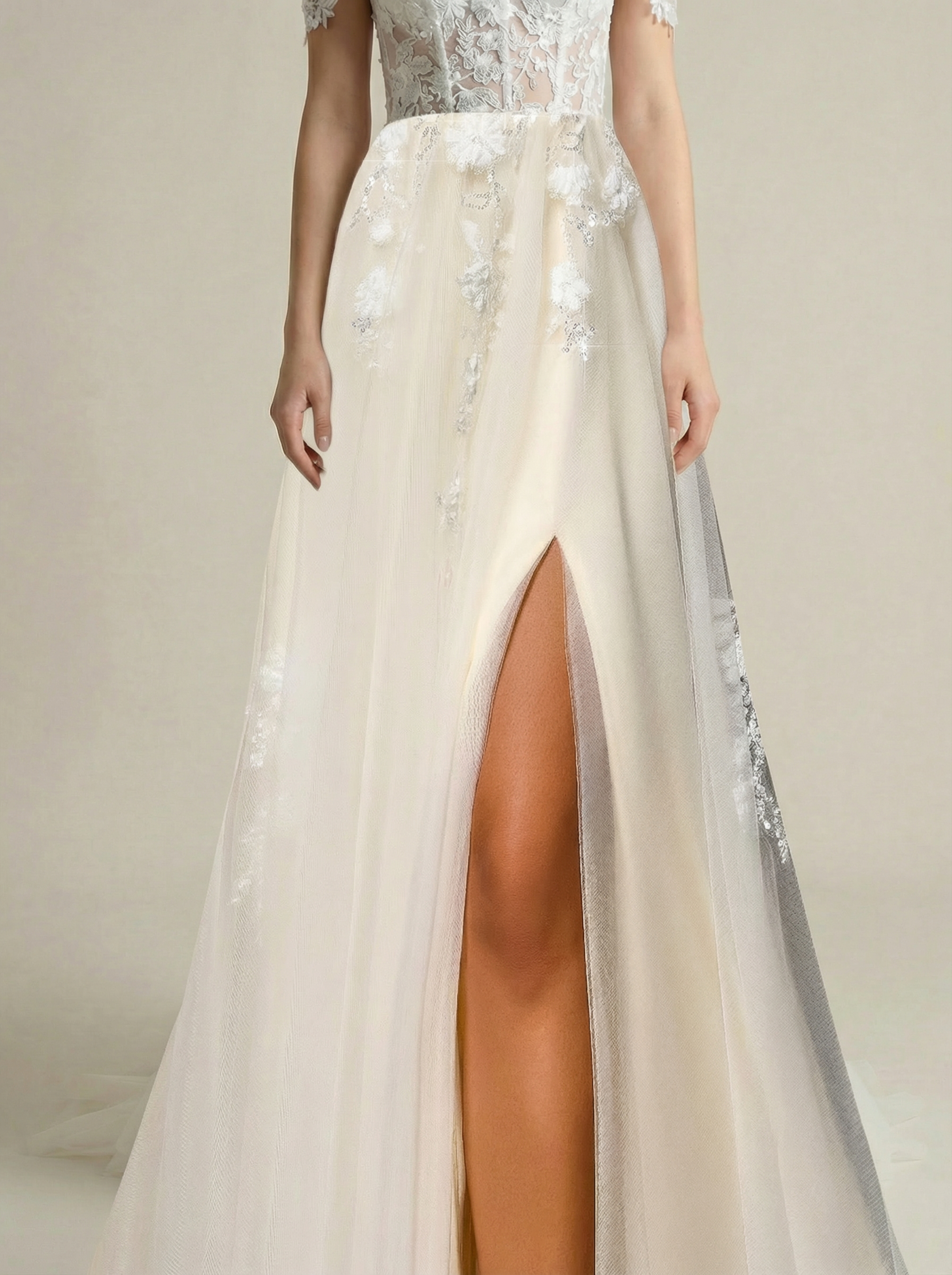 Floral Lace Off-Shoulder A-Line Gown with High Slit