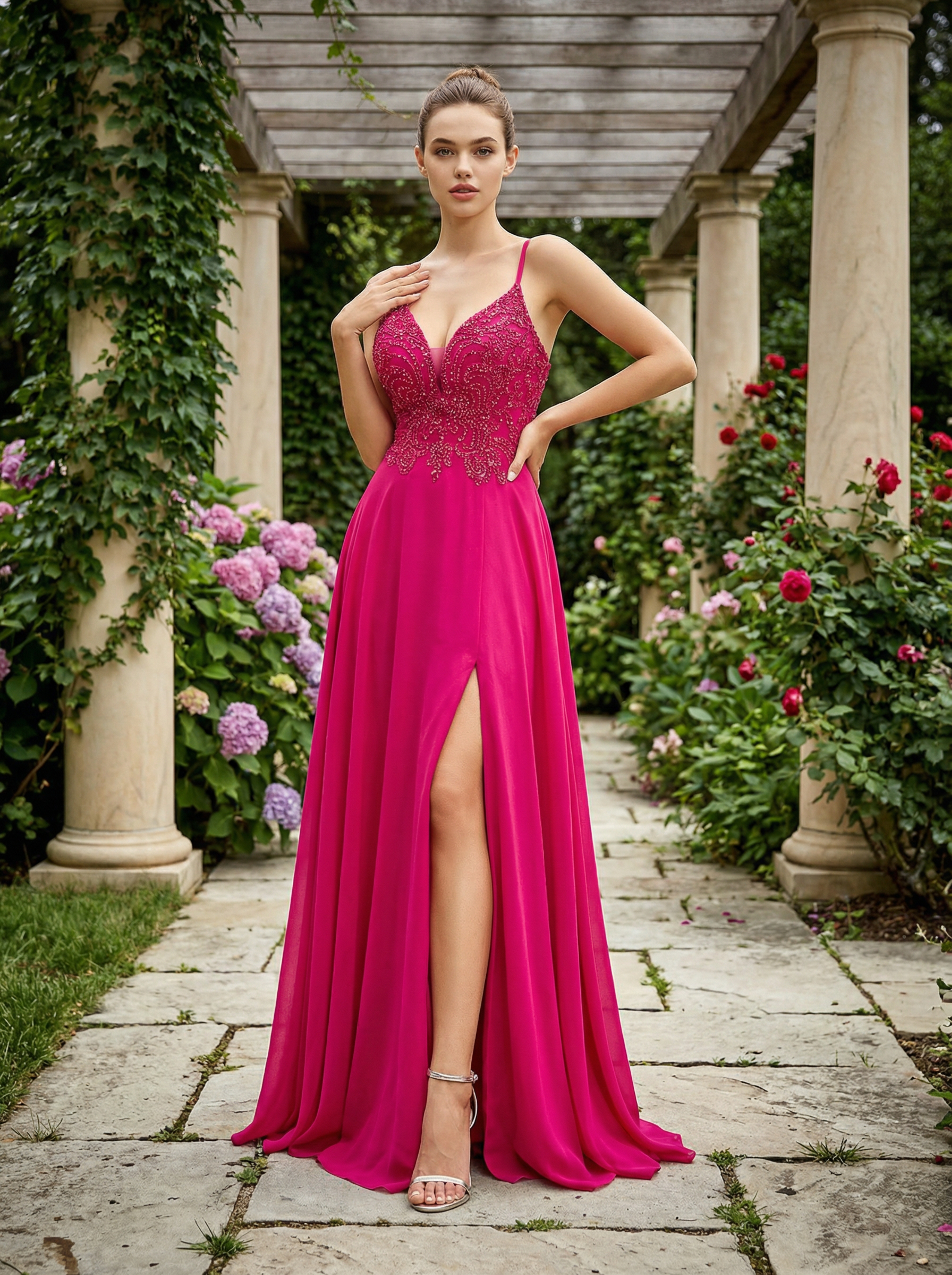 Modecrush Romantic Rose A-Line Deep V-Neck Beaded Evening Dress Suitable For Date, Dinner, Party and Other Occasions