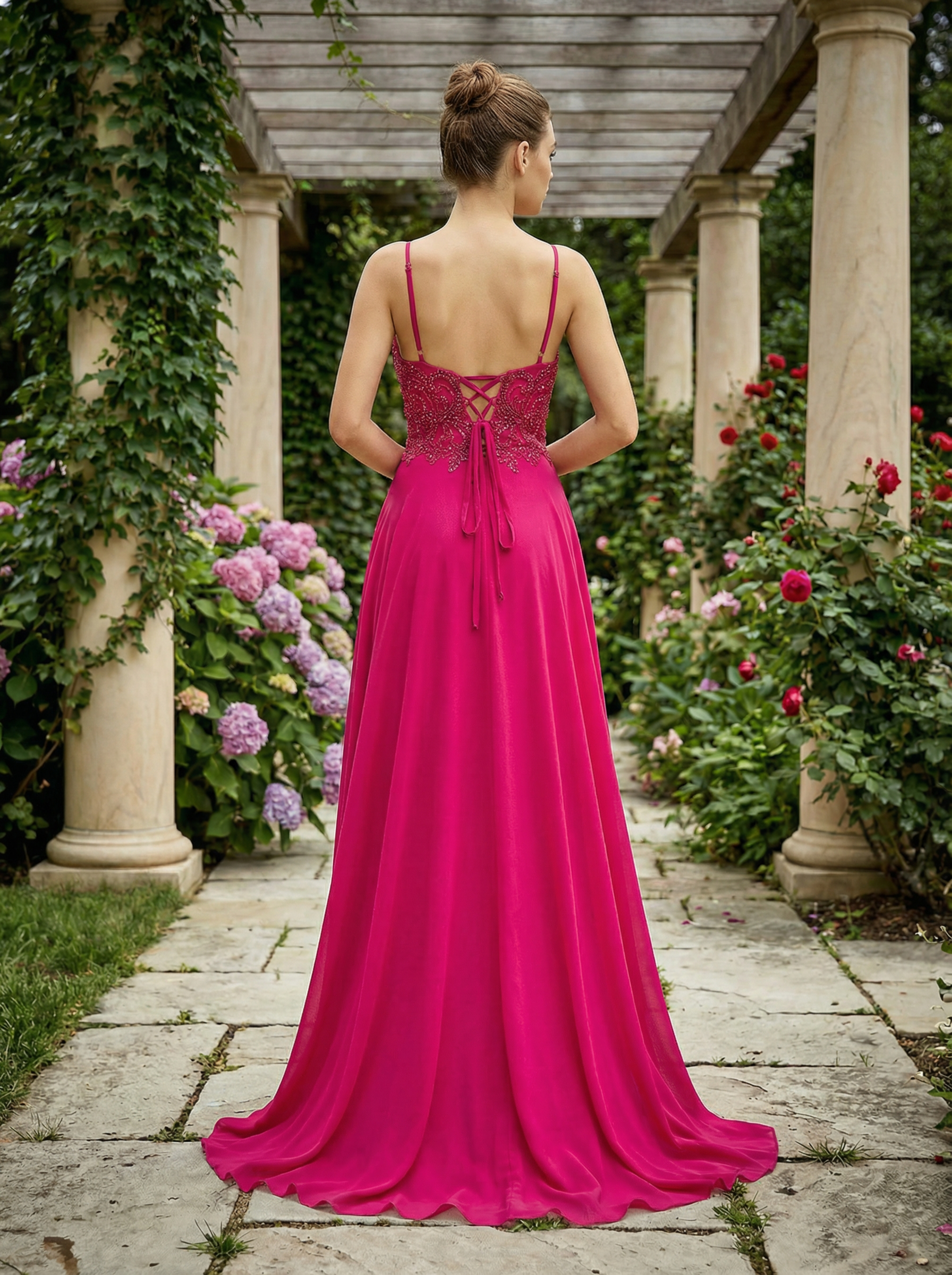 Modecrush Romantic Rose A-Line Deep V-Neck Beaded Evening Dress Suitable For Date, Dinner, Party and Other Occasions