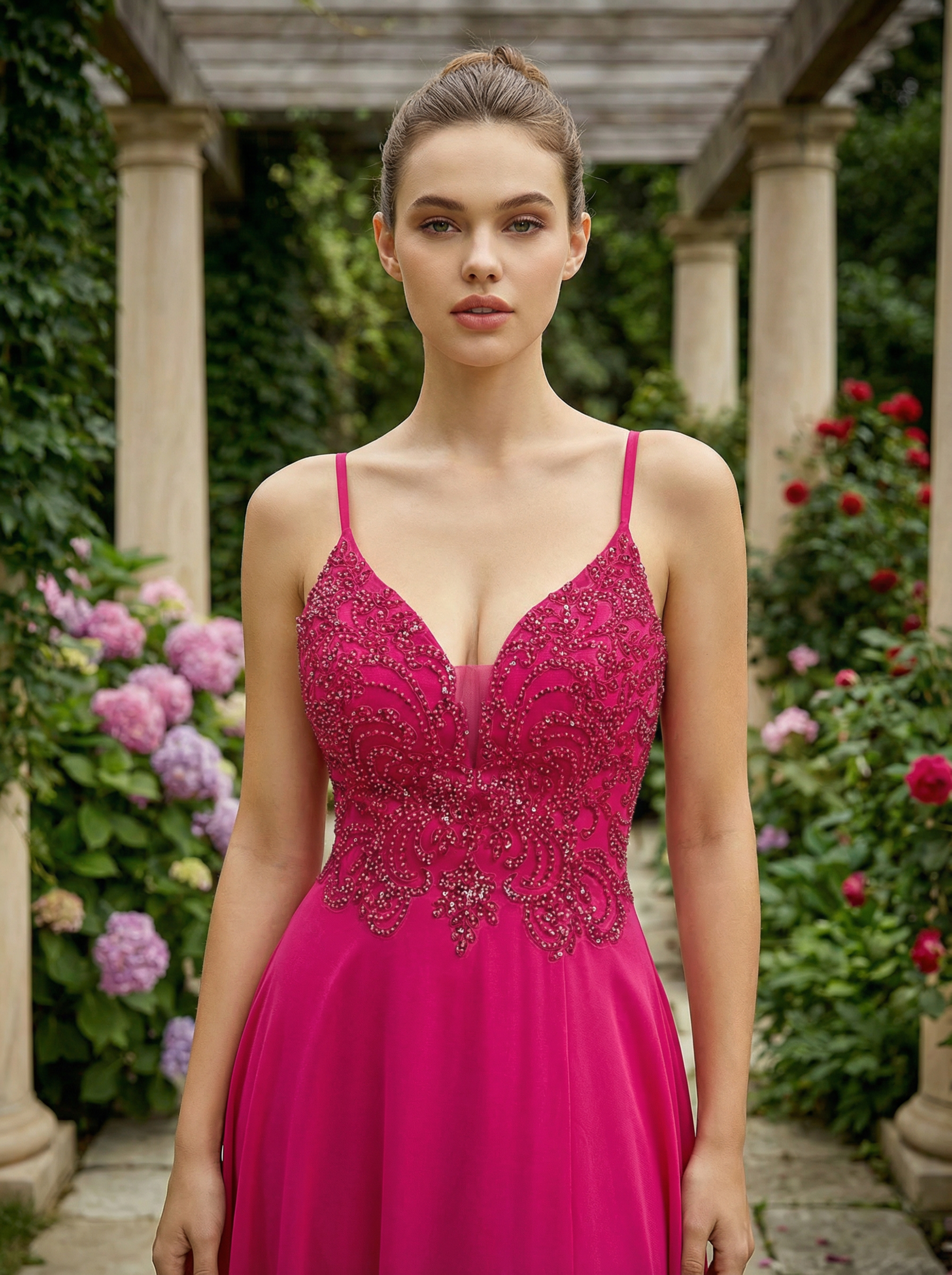 Modecrush Romantic Rose A-Line Deep V-Neck Beaded Evening Dress Suitable For Date, Dinner, Party and Other Occasions