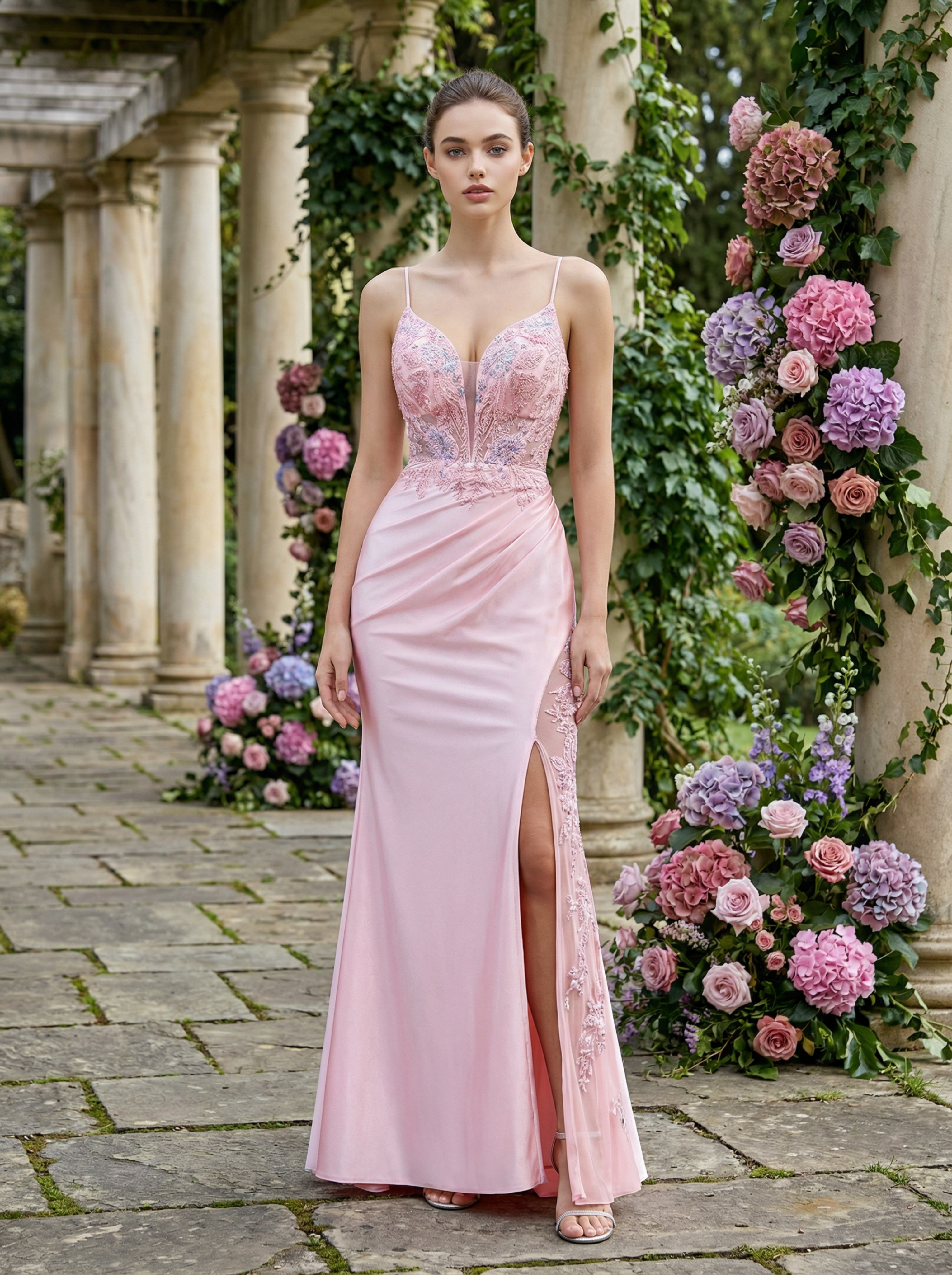 High Low Pink Long Prom Dresses with Beading Neckline