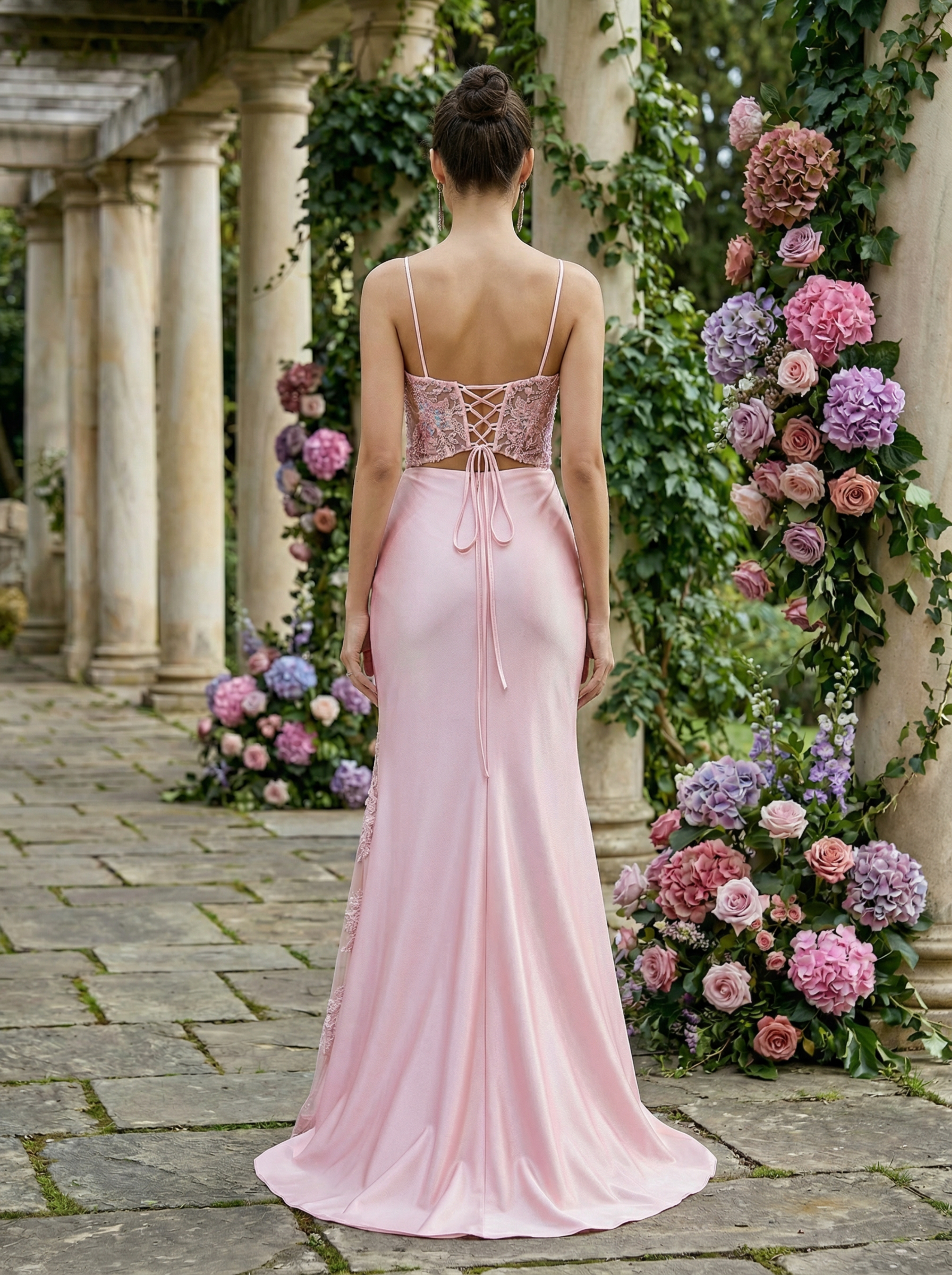 High Low Pink Long Prom Dresses with Beading Neckline