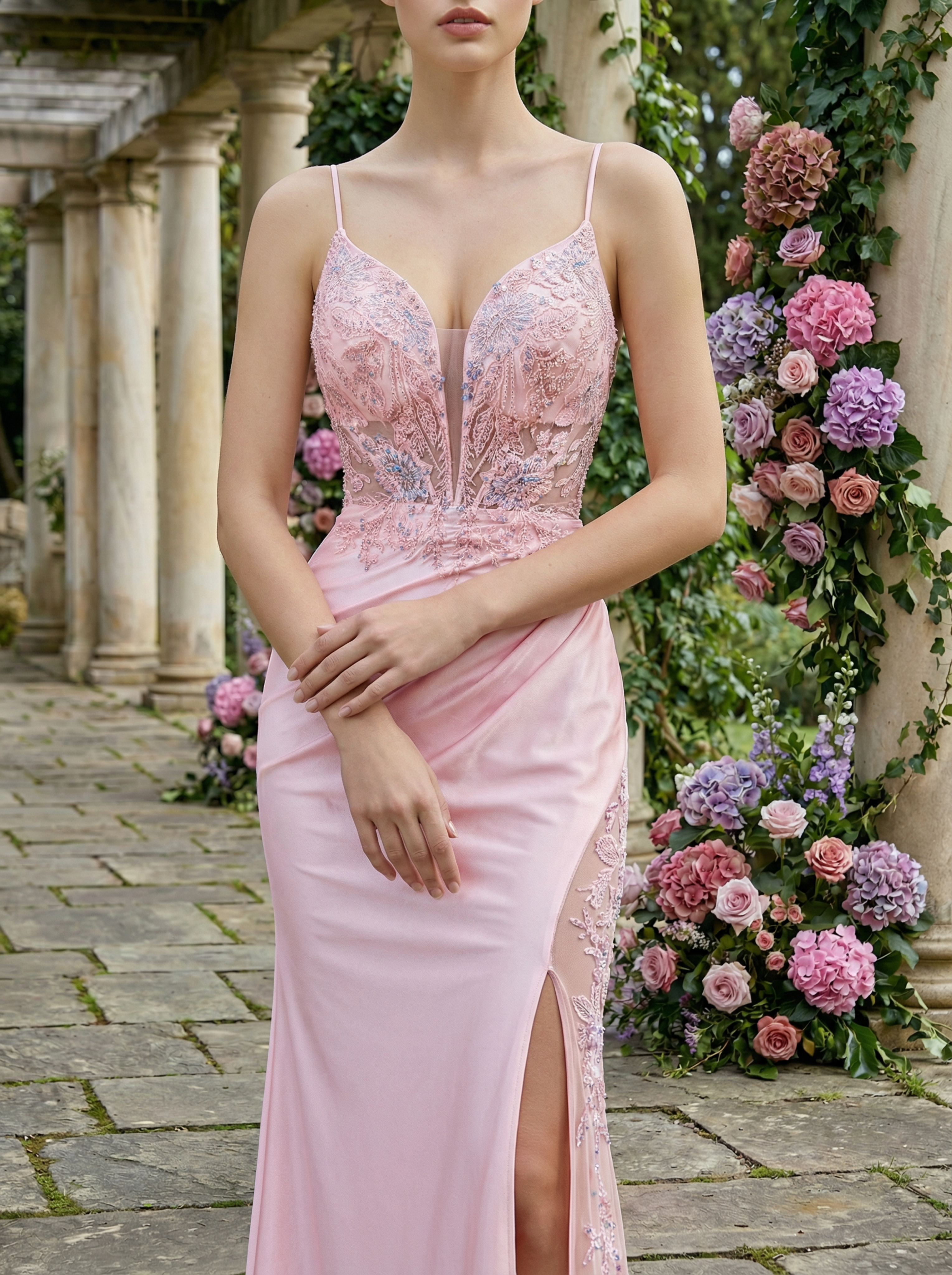 High Low Pink Long Prom Dresses with Beading Neckline
