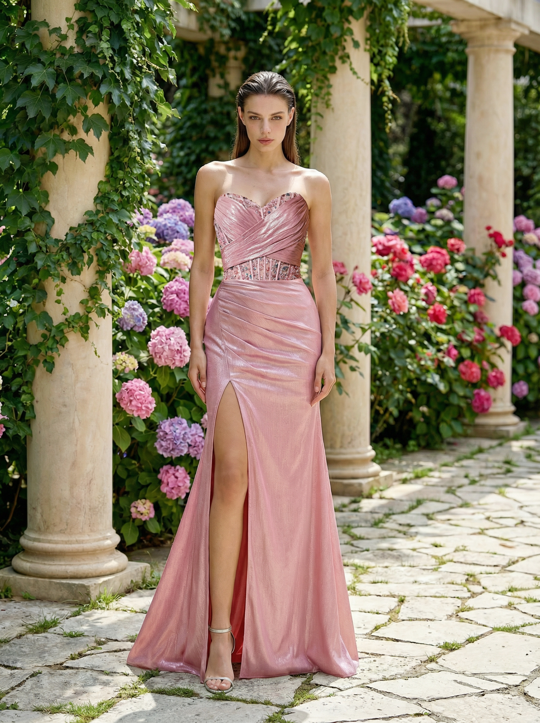 Luminous Blush Pink Mermaid Gown with Shimmering Beads and Draped Details