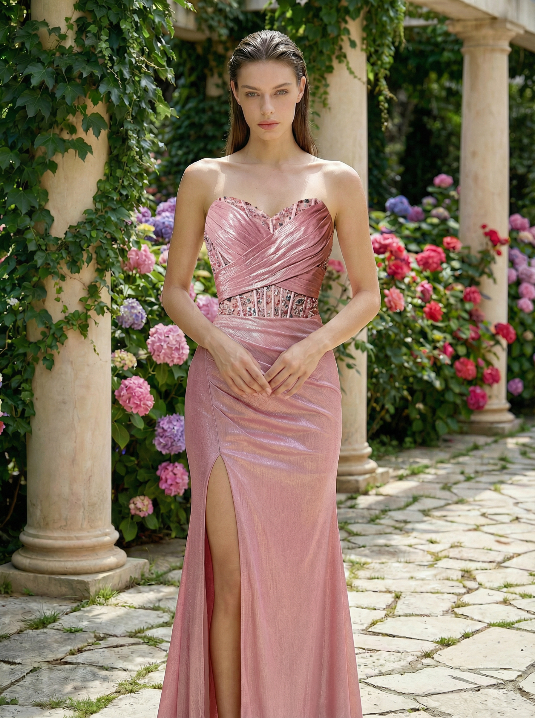 Luminous Blush Pink Mermaid Gown with Shimmering Beads and Draped Details
