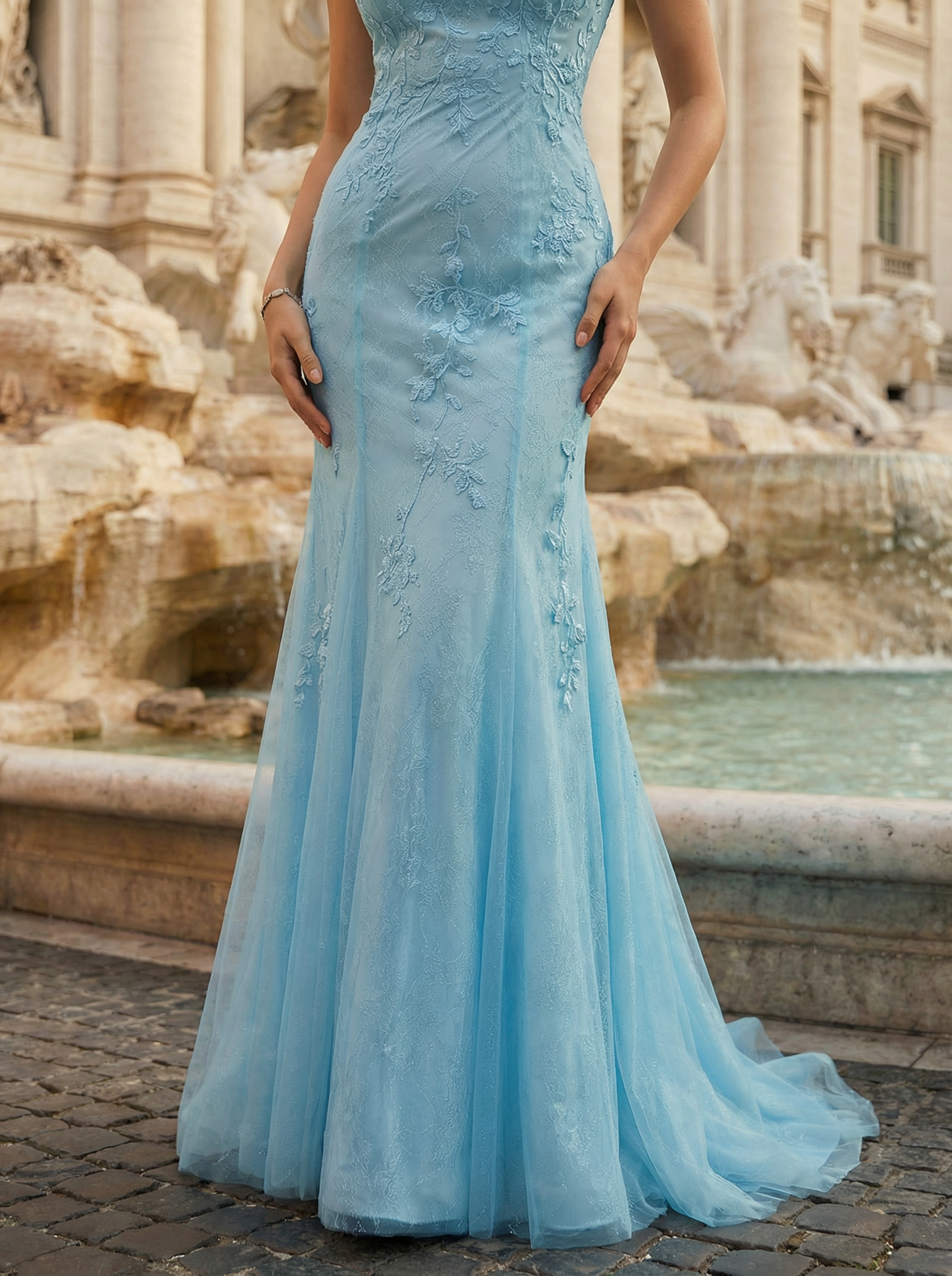 Luxurious Blue Mermaid Dress with Intricate Lace and Layered Tulle