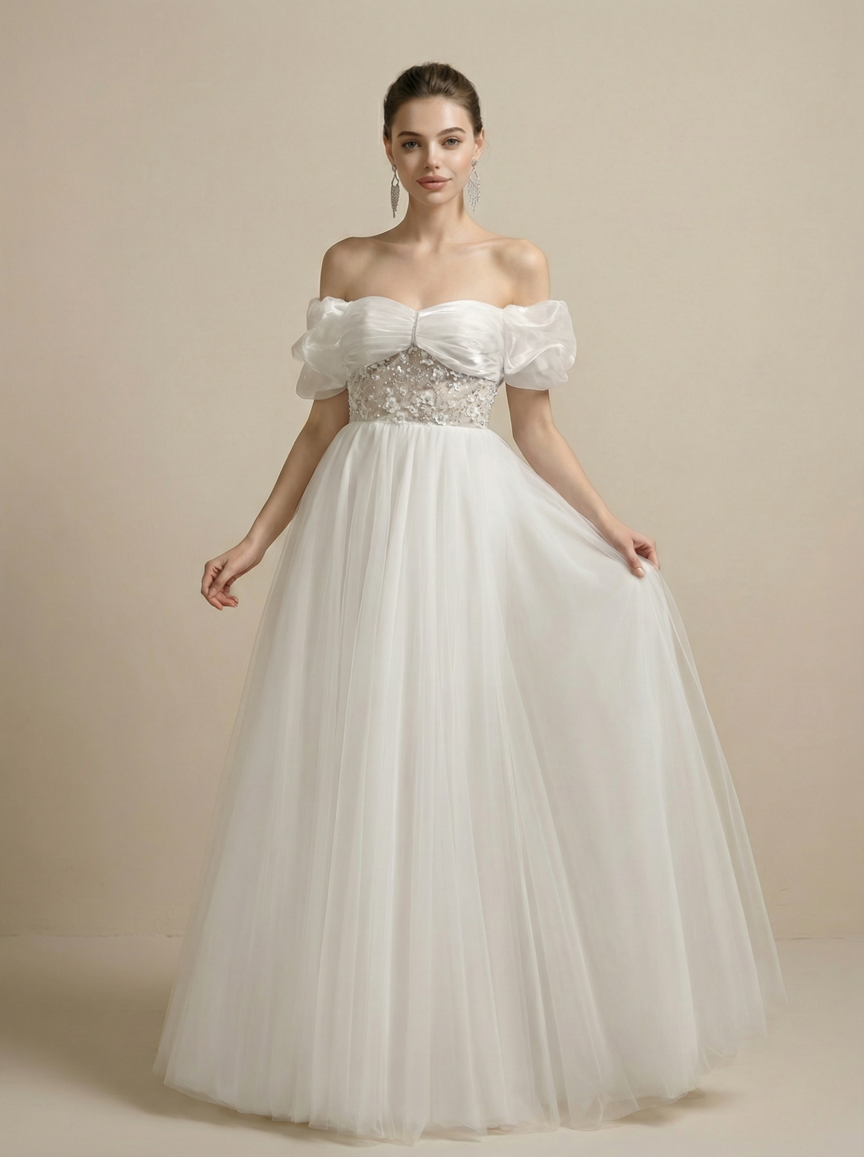 Off-Shoulder Puff Sleeve Beaded Embroidery Tulle Wedding Dress