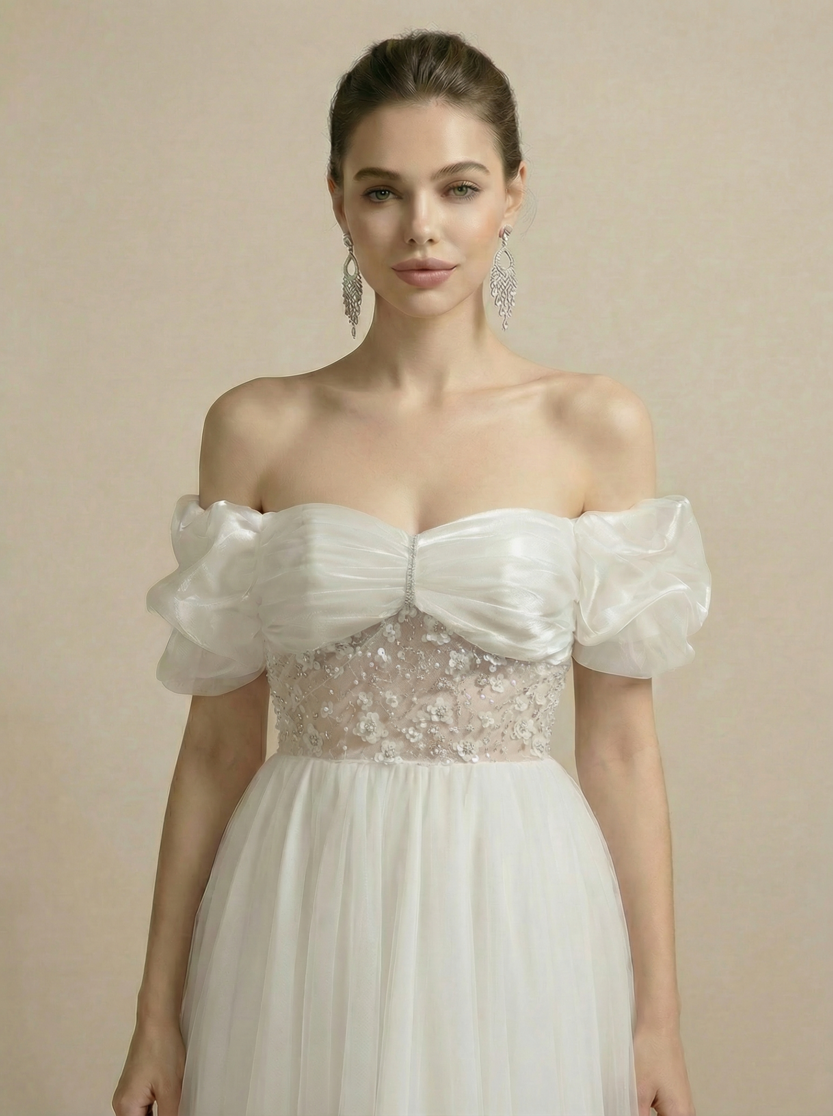 Off-Shoulder Puff Sleeve Beaded Embroidery Tulle Wedding Dress