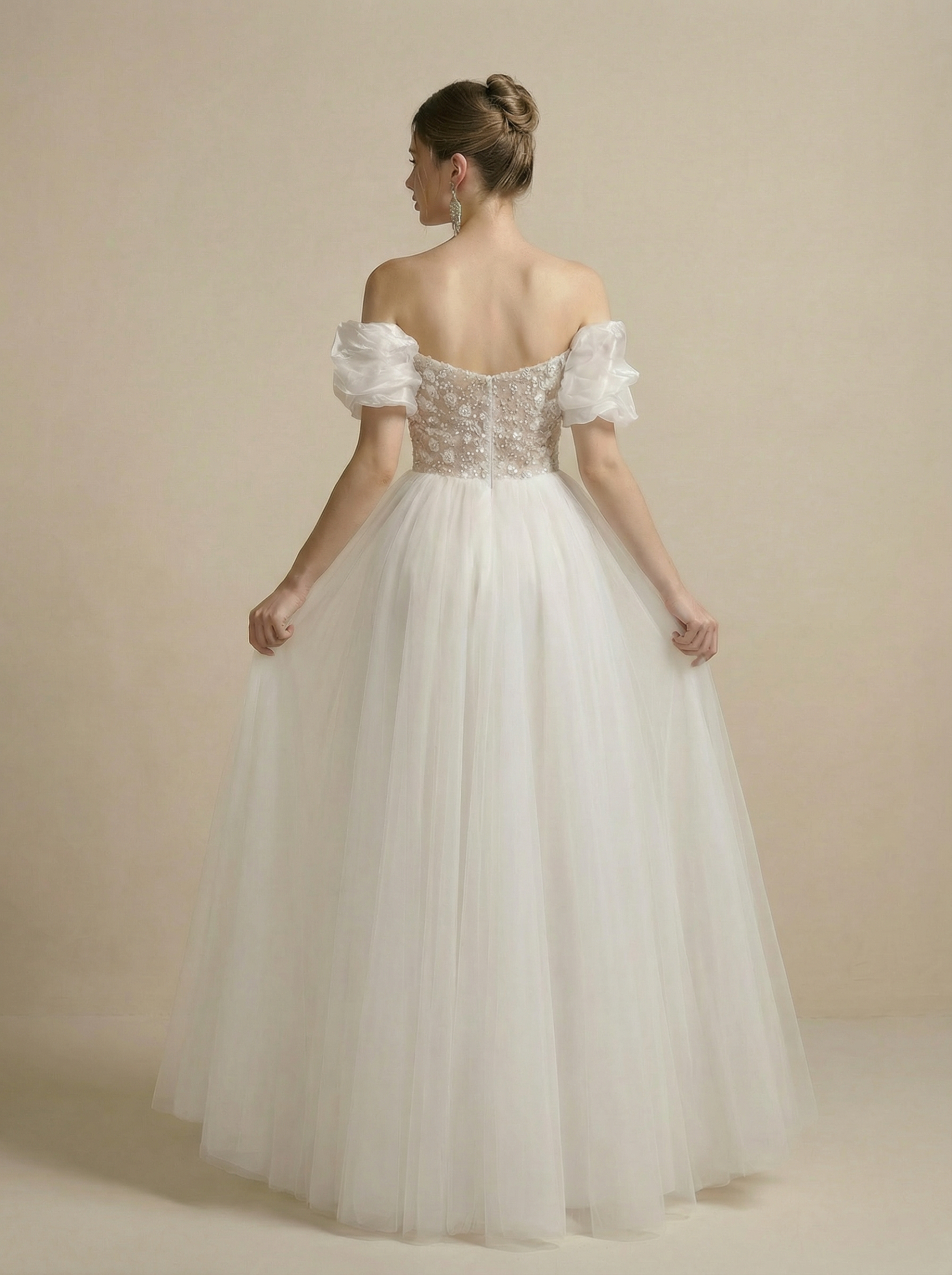 Off-Shoulder Puff Sleeve Beaded Embroidery Tulle Wedding Dress