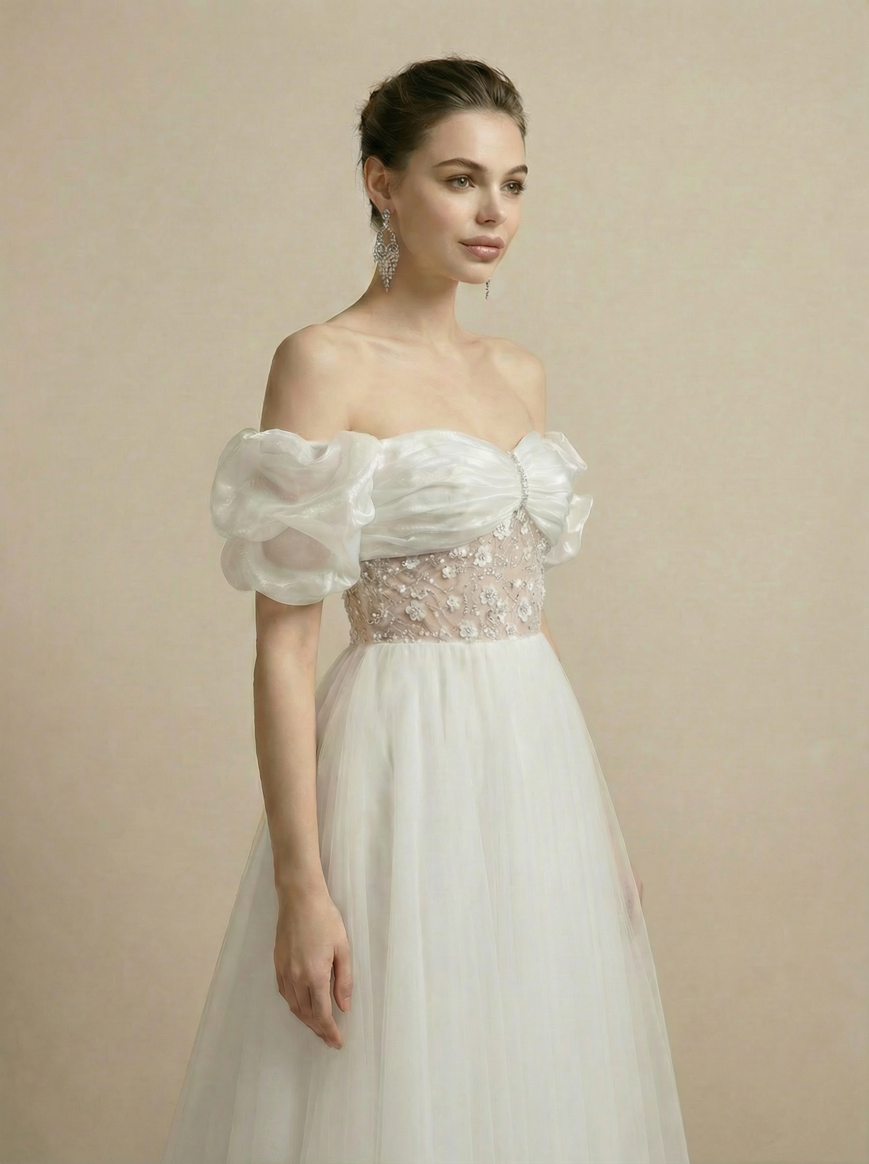 Off-Shoulder Puff Sleeve Beaded Embroidery Tulle Wedding Dress