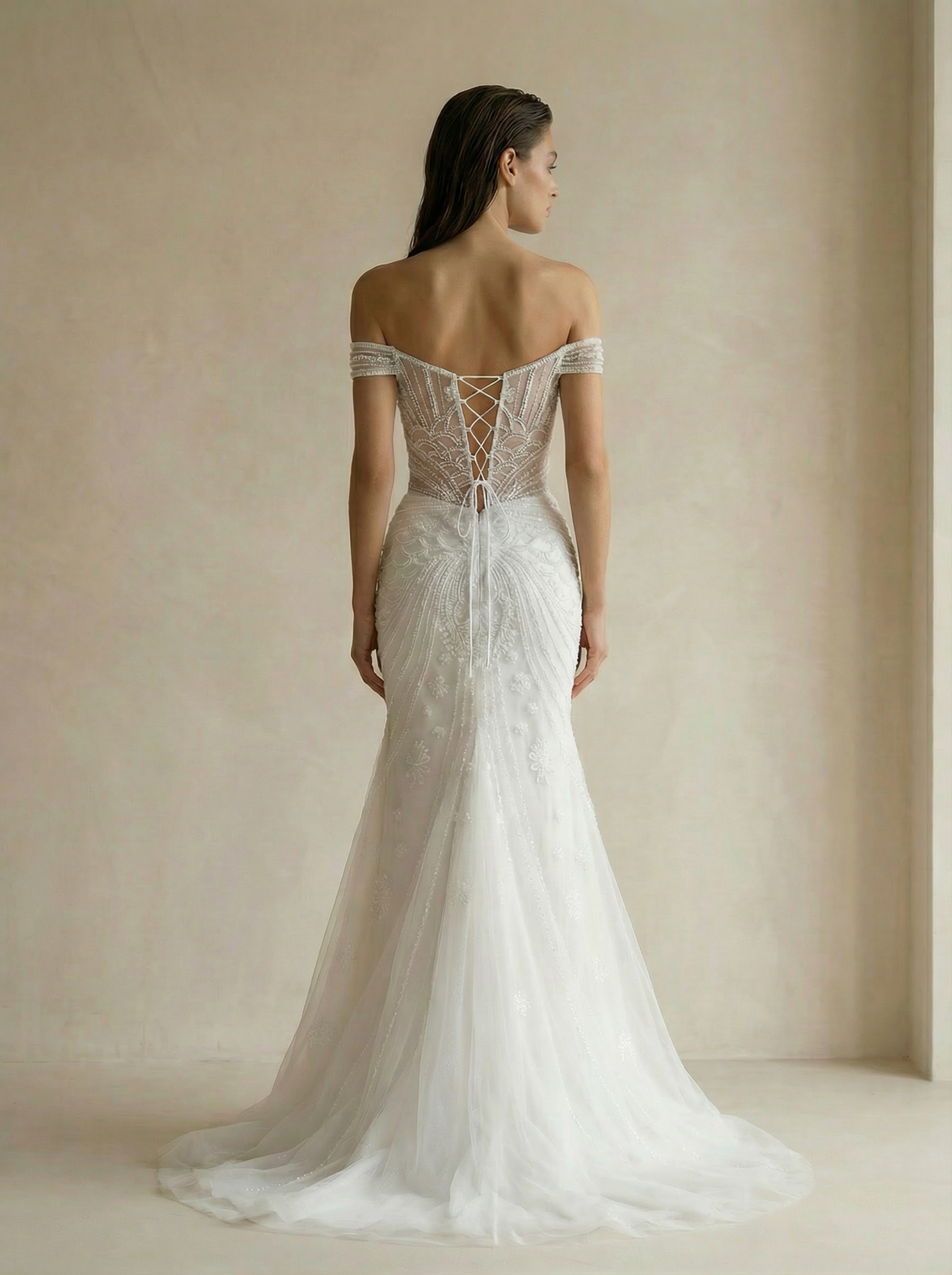 Off-Shoulder Sheer Bodice Mermaid Gown