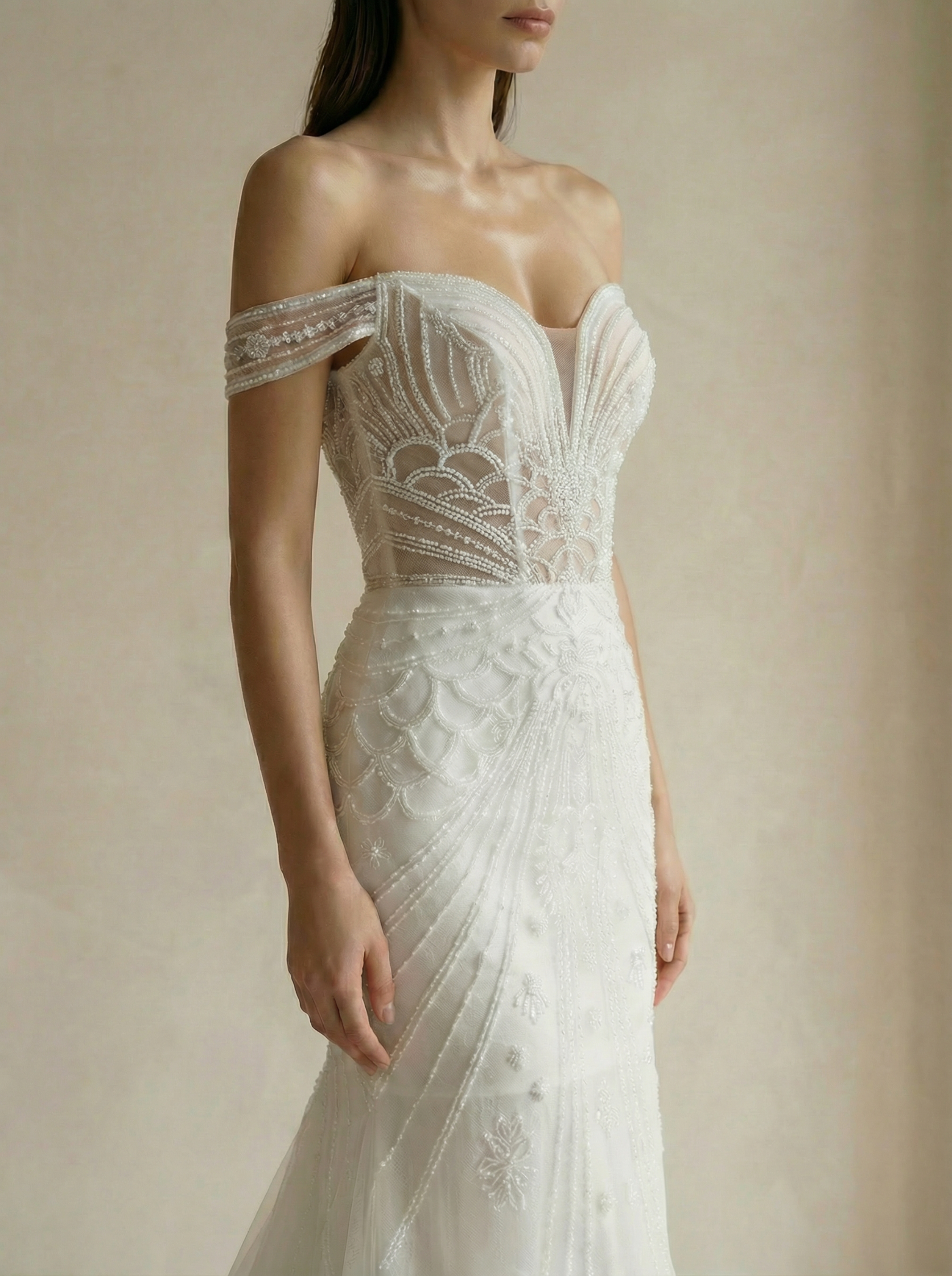 Off-Shoulder Sheer Bodice Beaded Mermaid Wedding Dress