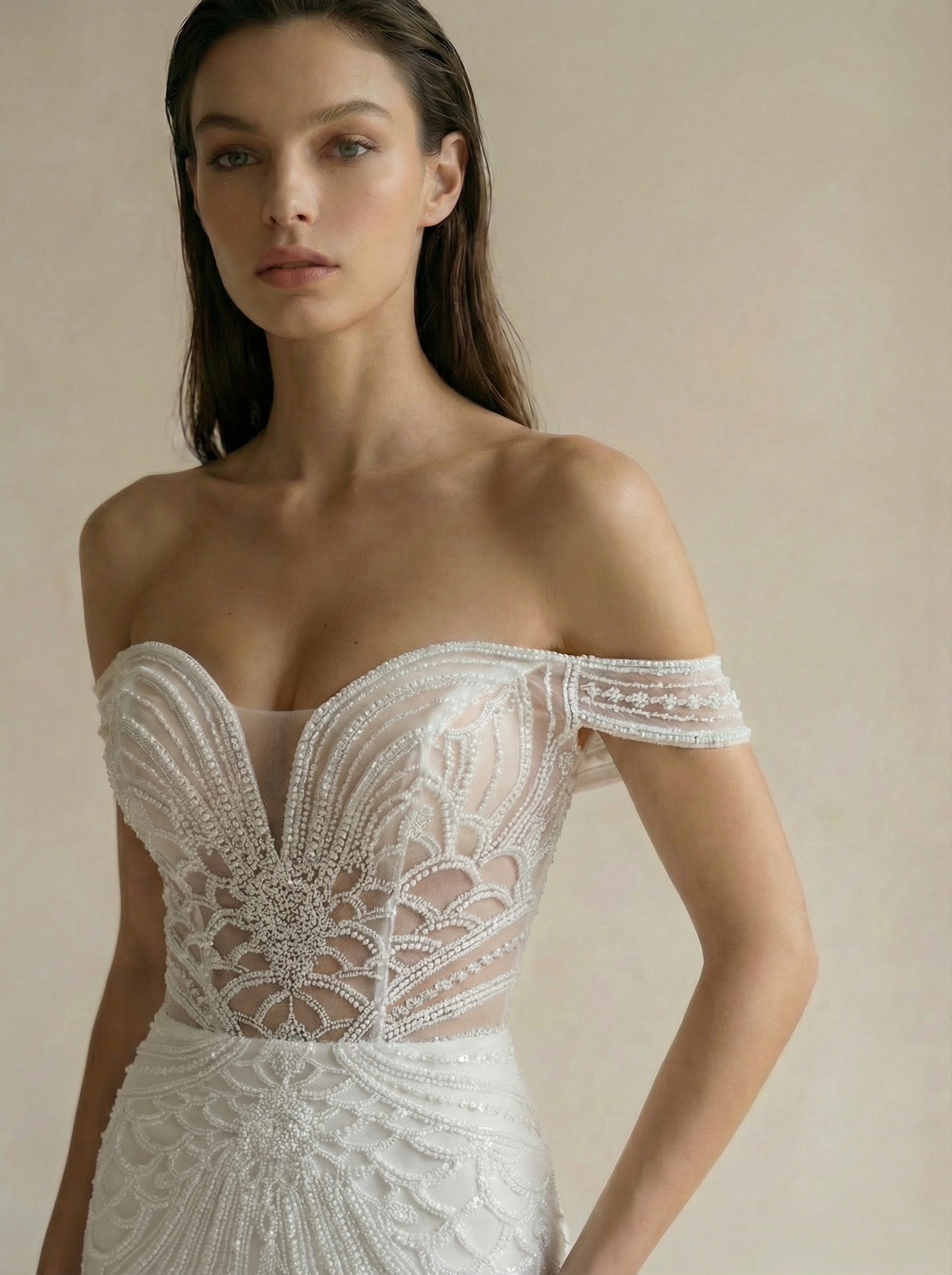 Off-Shoulder Sheer Bodice Beaded Mermaid Wedding Dress