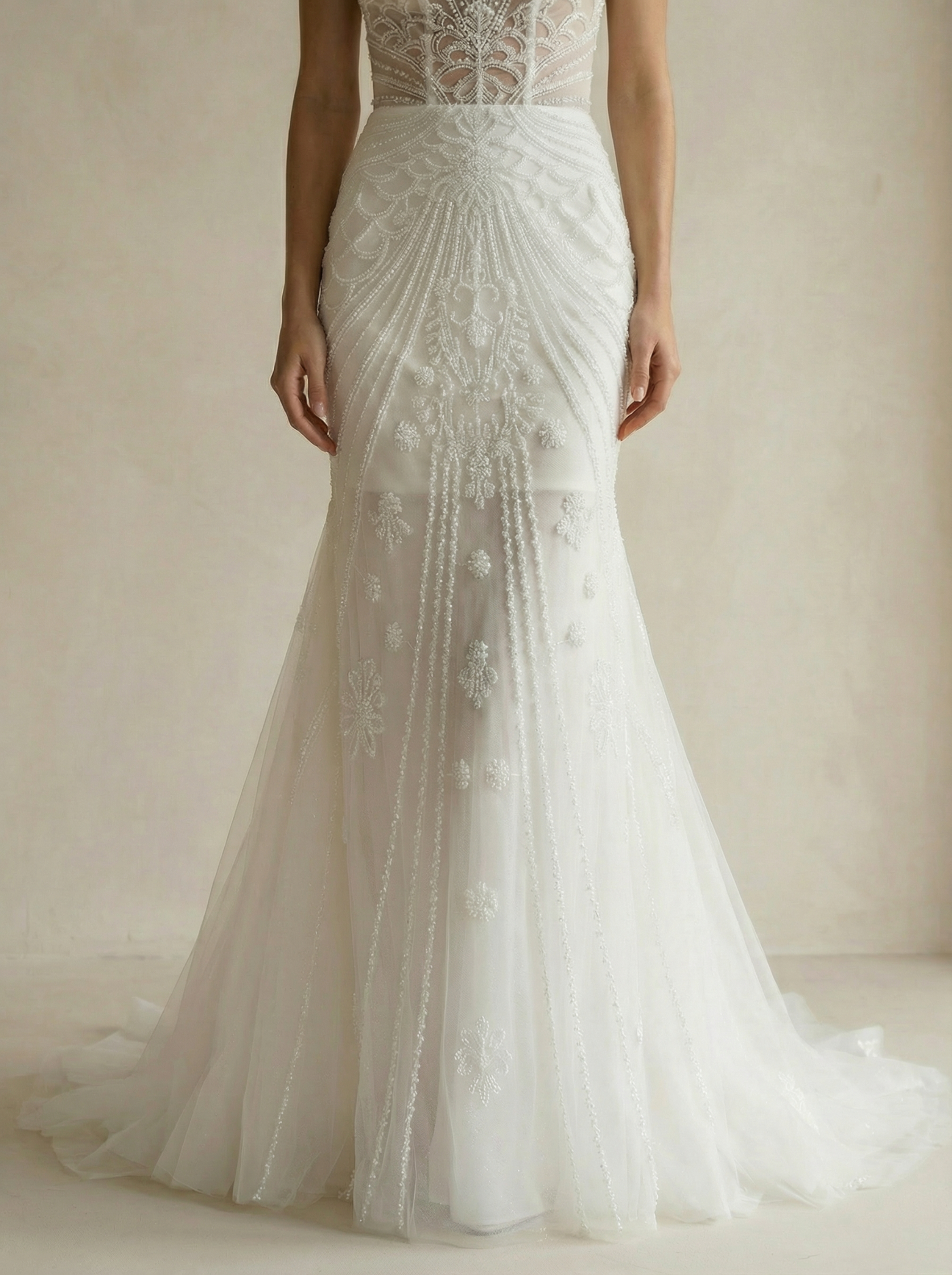 Off-Shoulder Sheer Bodice Beaded Mermaid Wedding Dress