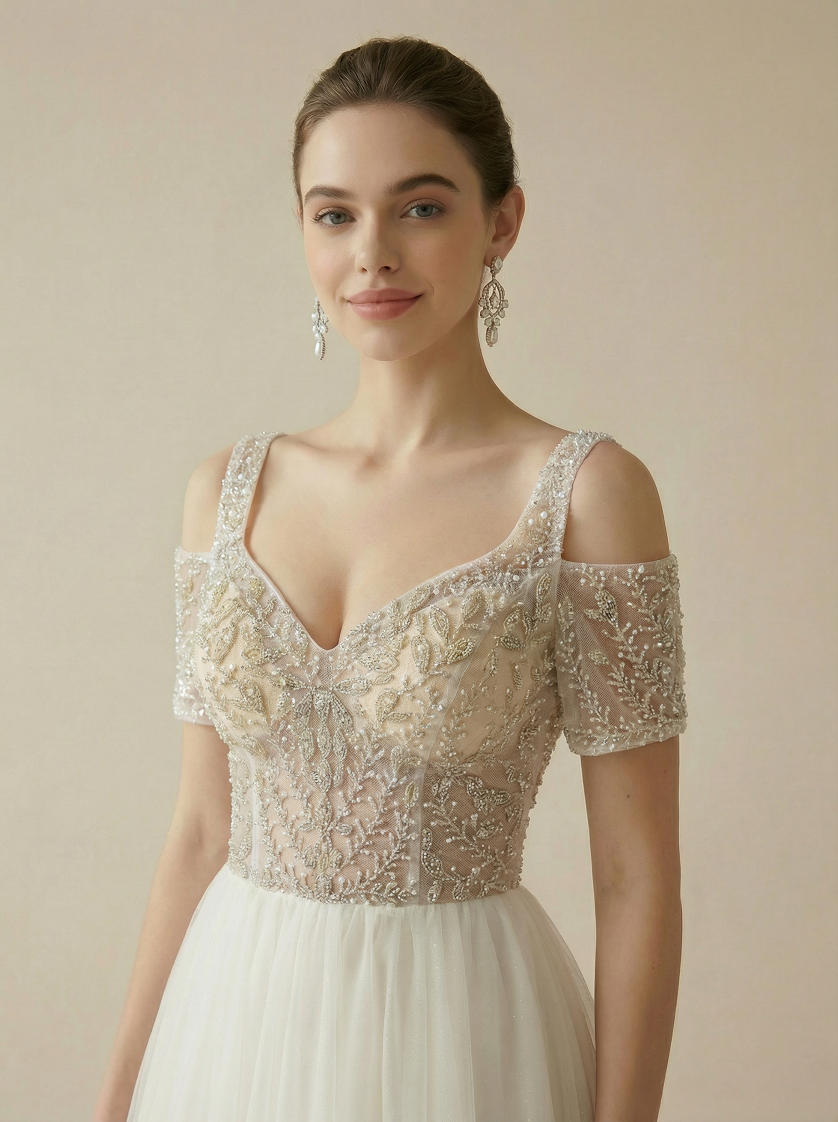 Off-Shoulder Sweetheart Tulle Ball Gown with Short Sleeves