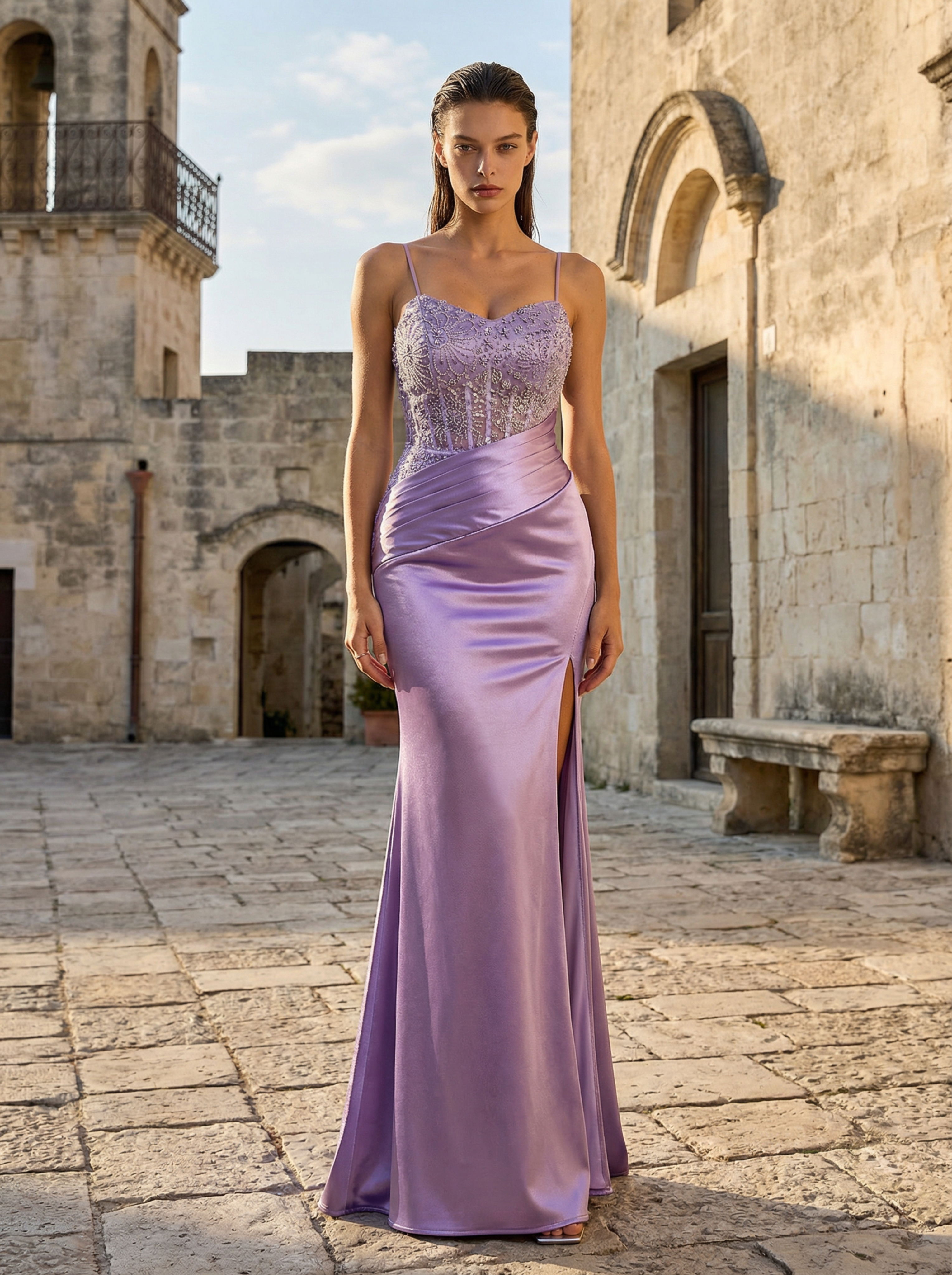 Purple Spaghetti Strap Beaded Prom Dress with Slit in Purple - Elegant Formal Dress
