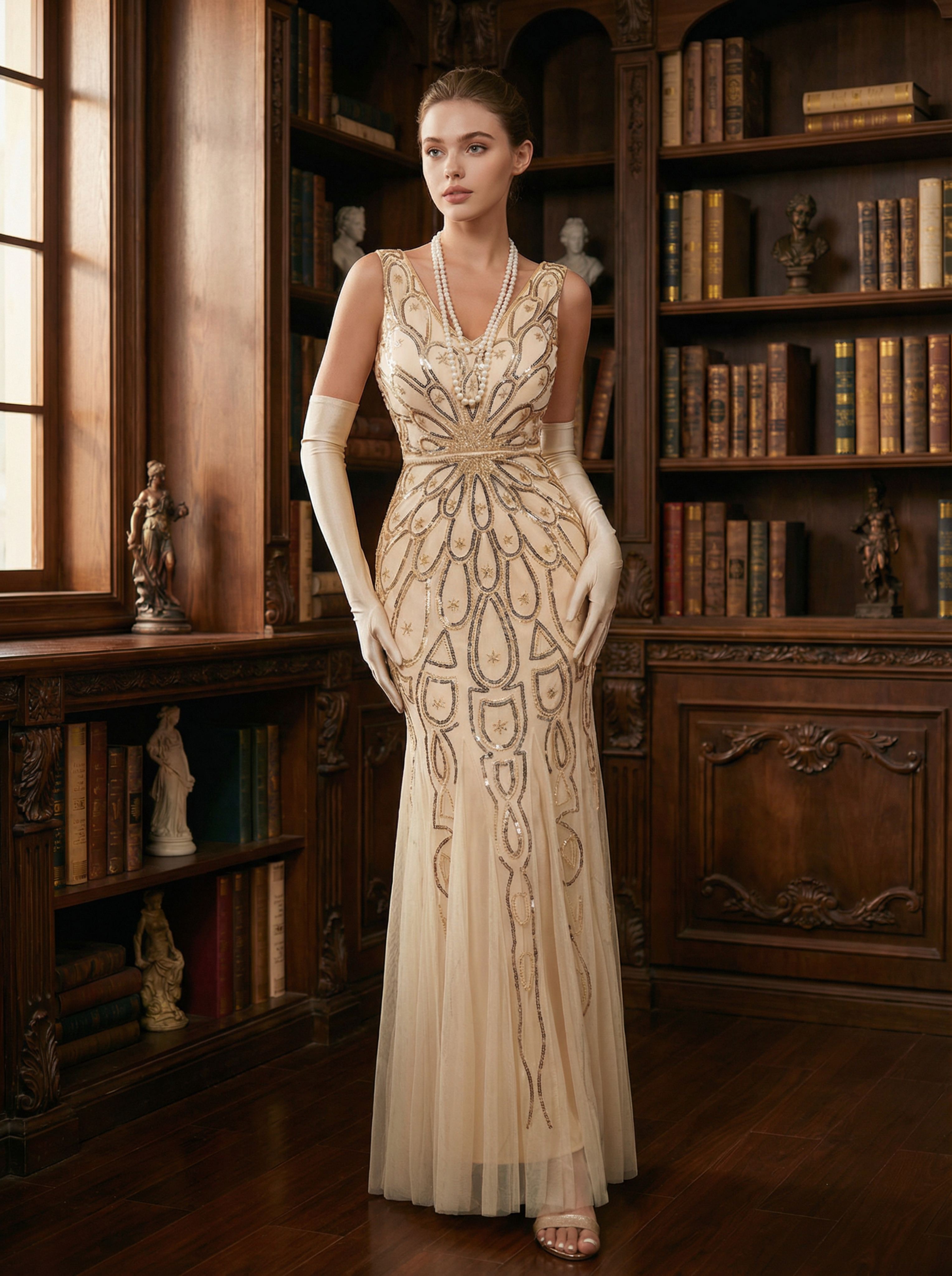 Champagne Retro 1920s Style Long Beaded Prom Dress