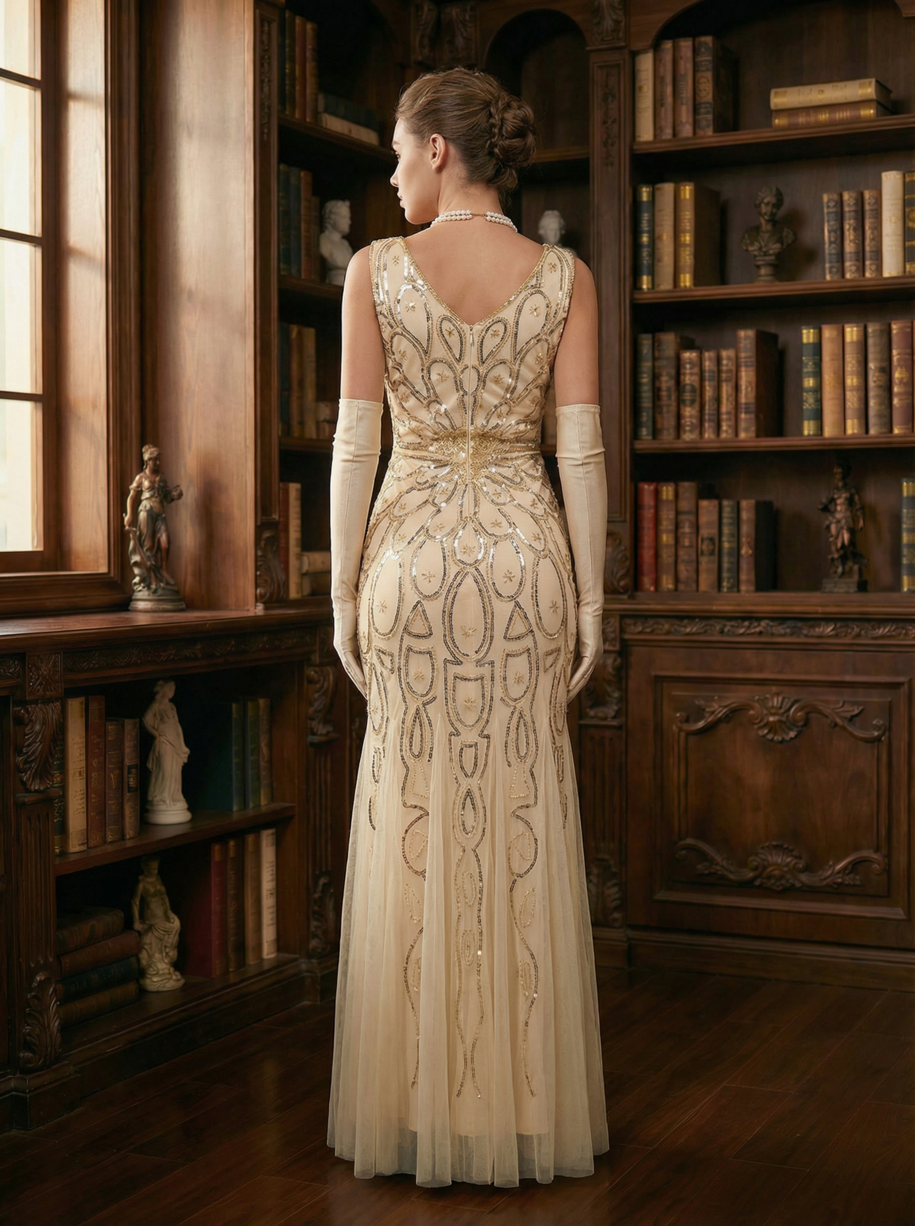 Champagne Retro 1920s Style Long Beaded Prom Dress