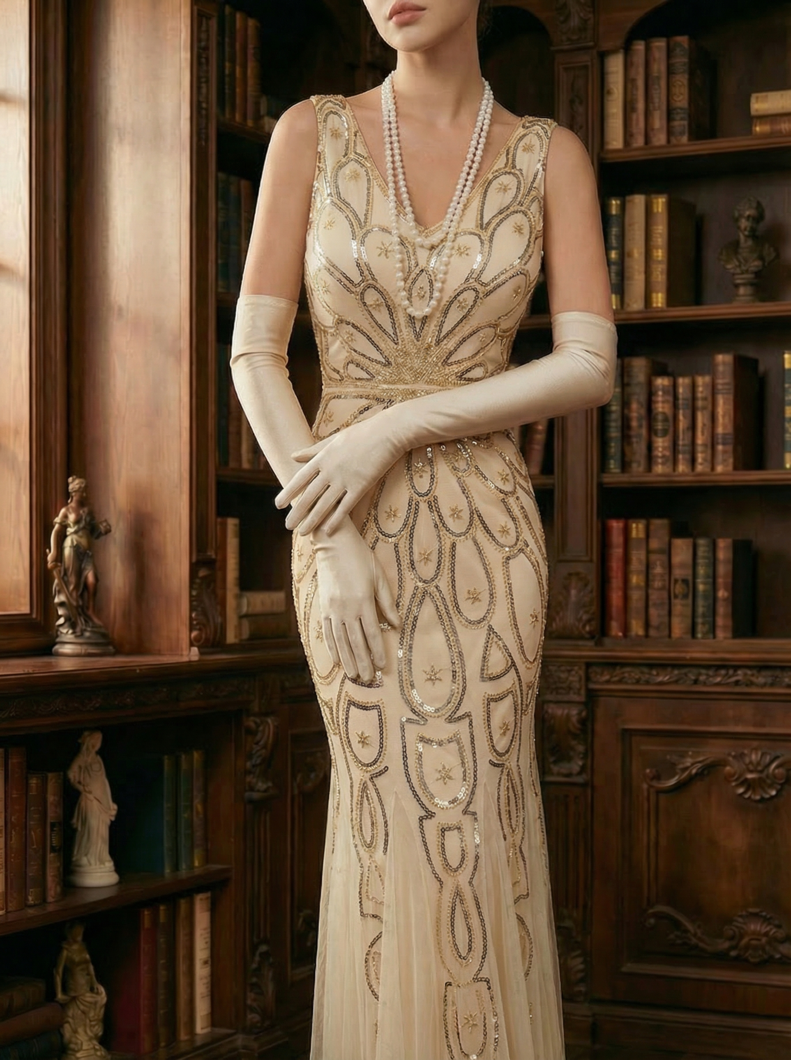 Champagne Retro 1920s Style Long Beaded Prom Dress