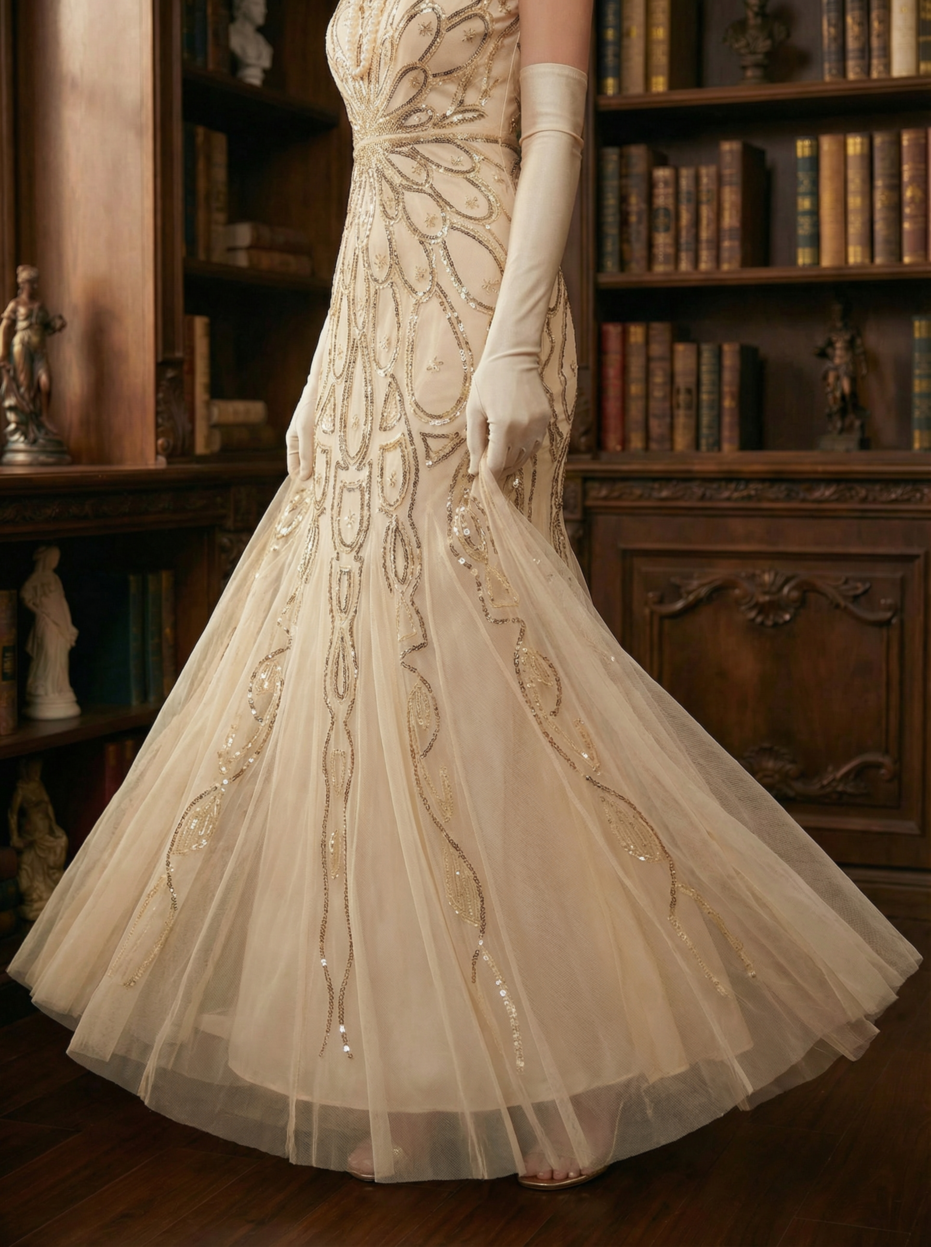 Champagne Retro 1920s Style Long Beaded Prom Dress