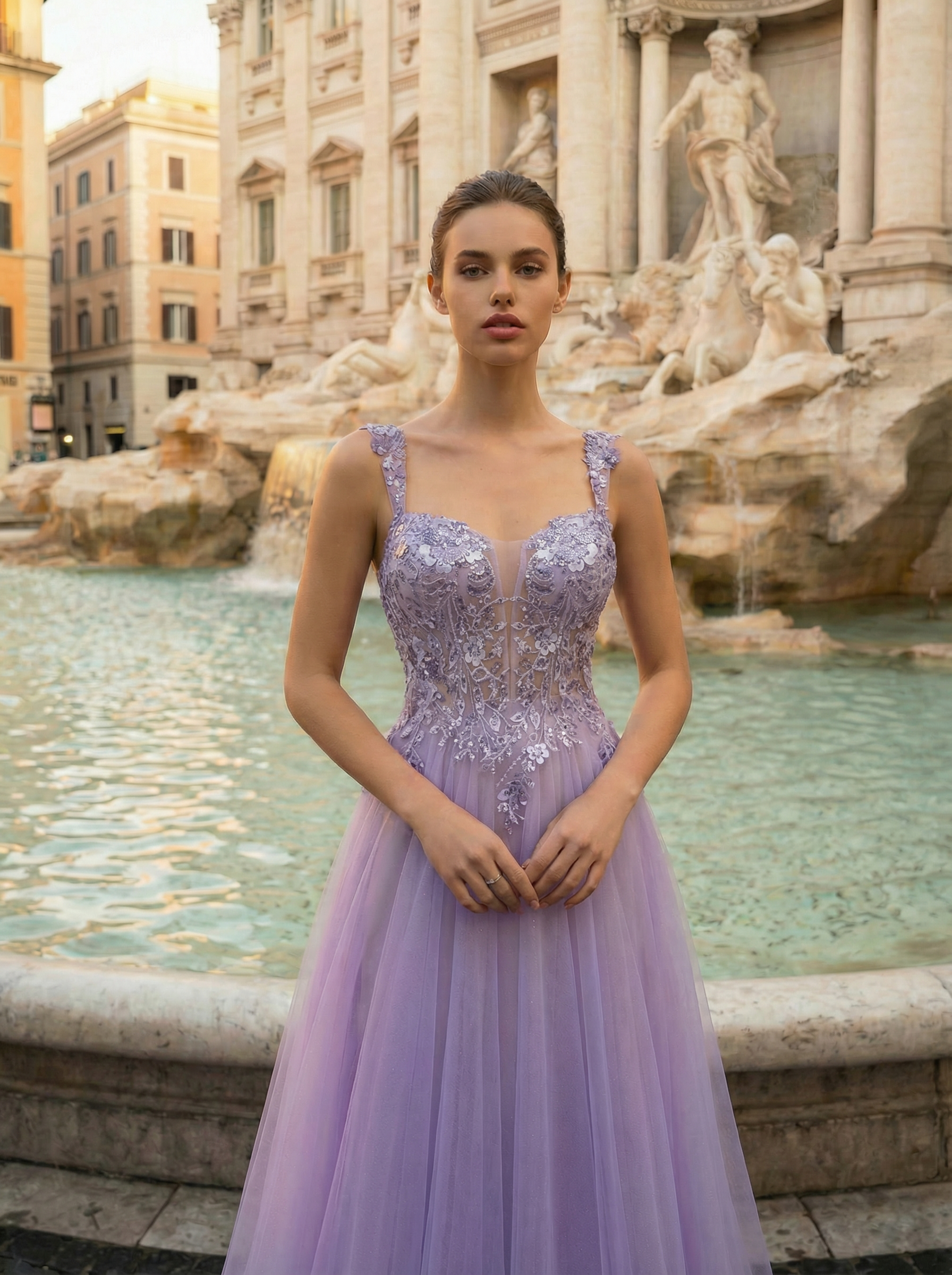 Romantic Lilac Mermaid Gown with Tulle Skirt and Floral Embroidery