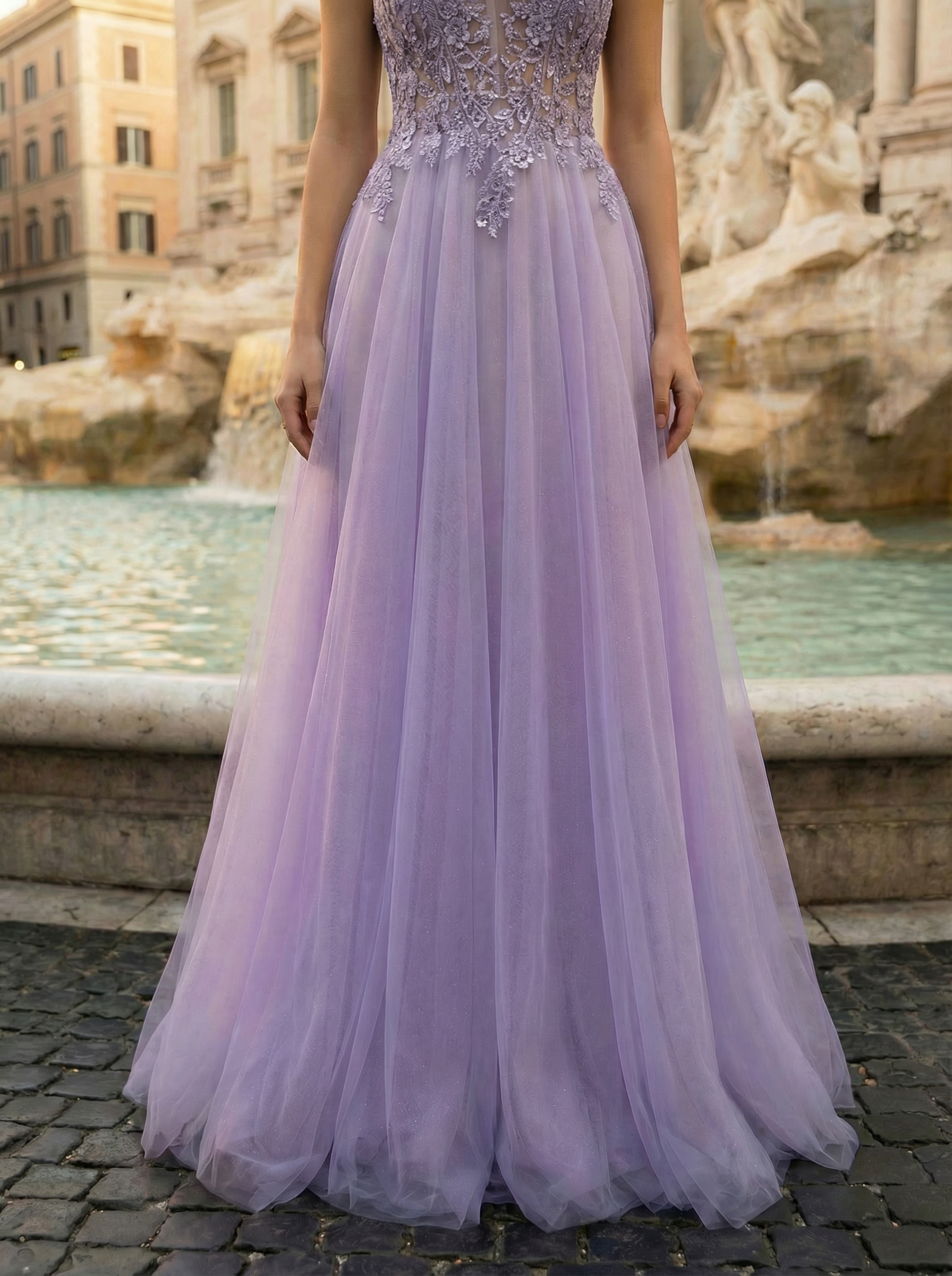 Romantic Lilac Mermaid Gown with Tulle Skirt and Floral Embroidery