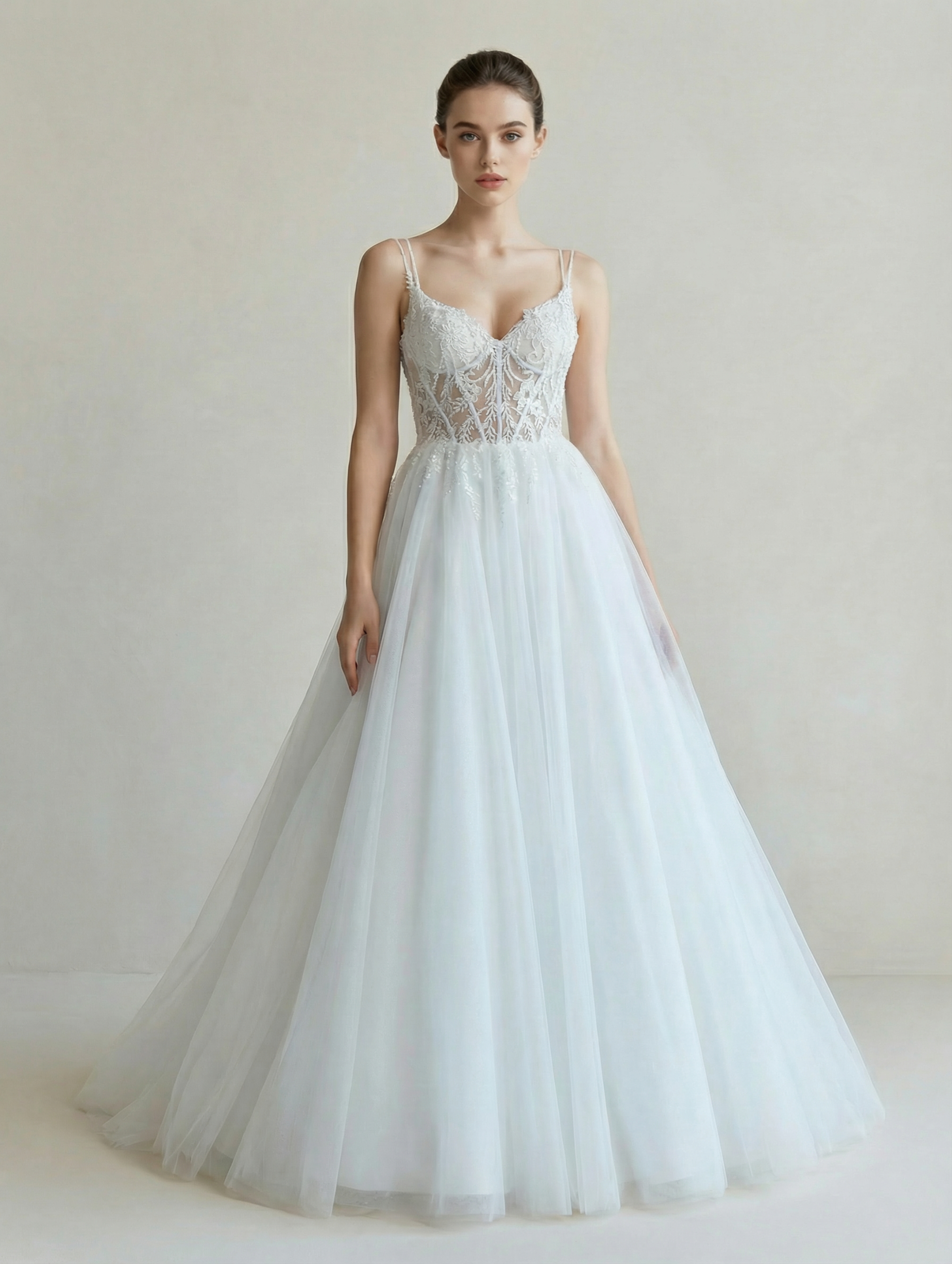Romantic V-Neck Lace Embroidery A-Line Wedding Dress