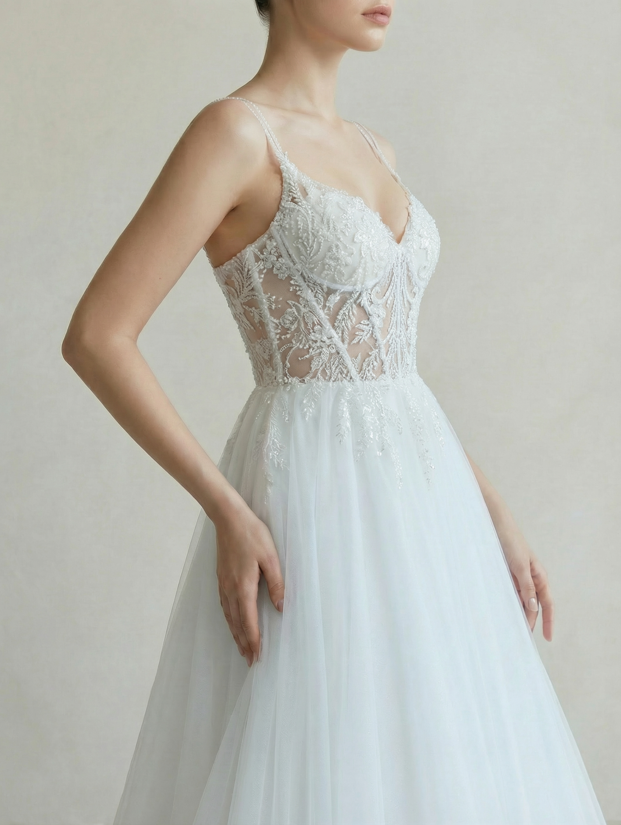 Romantic V-Neck Lace Embroidery A-Line Wedding Dress