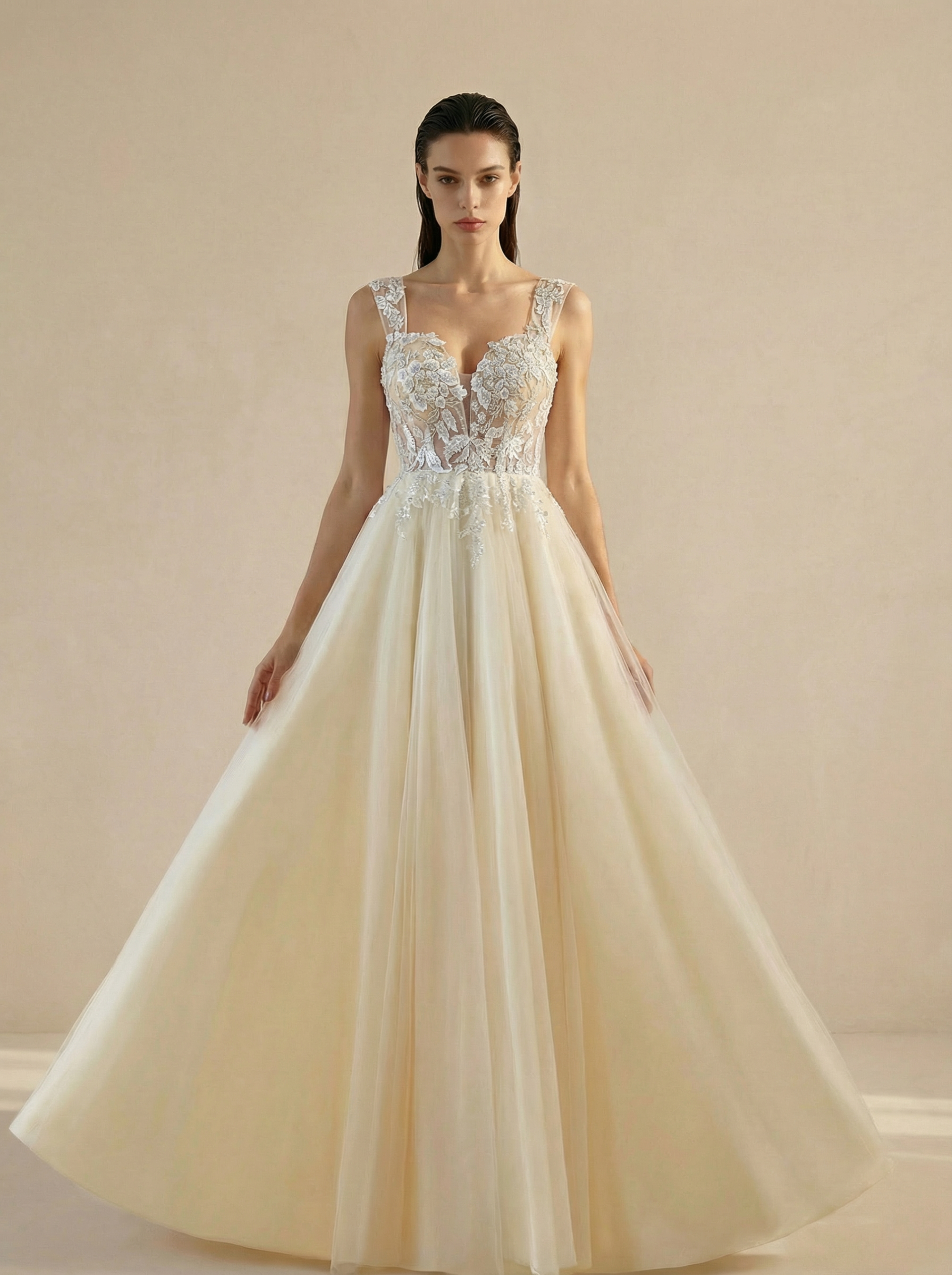 Off-Shoulder Tulle Ball Gown with Ruffled Sleeves