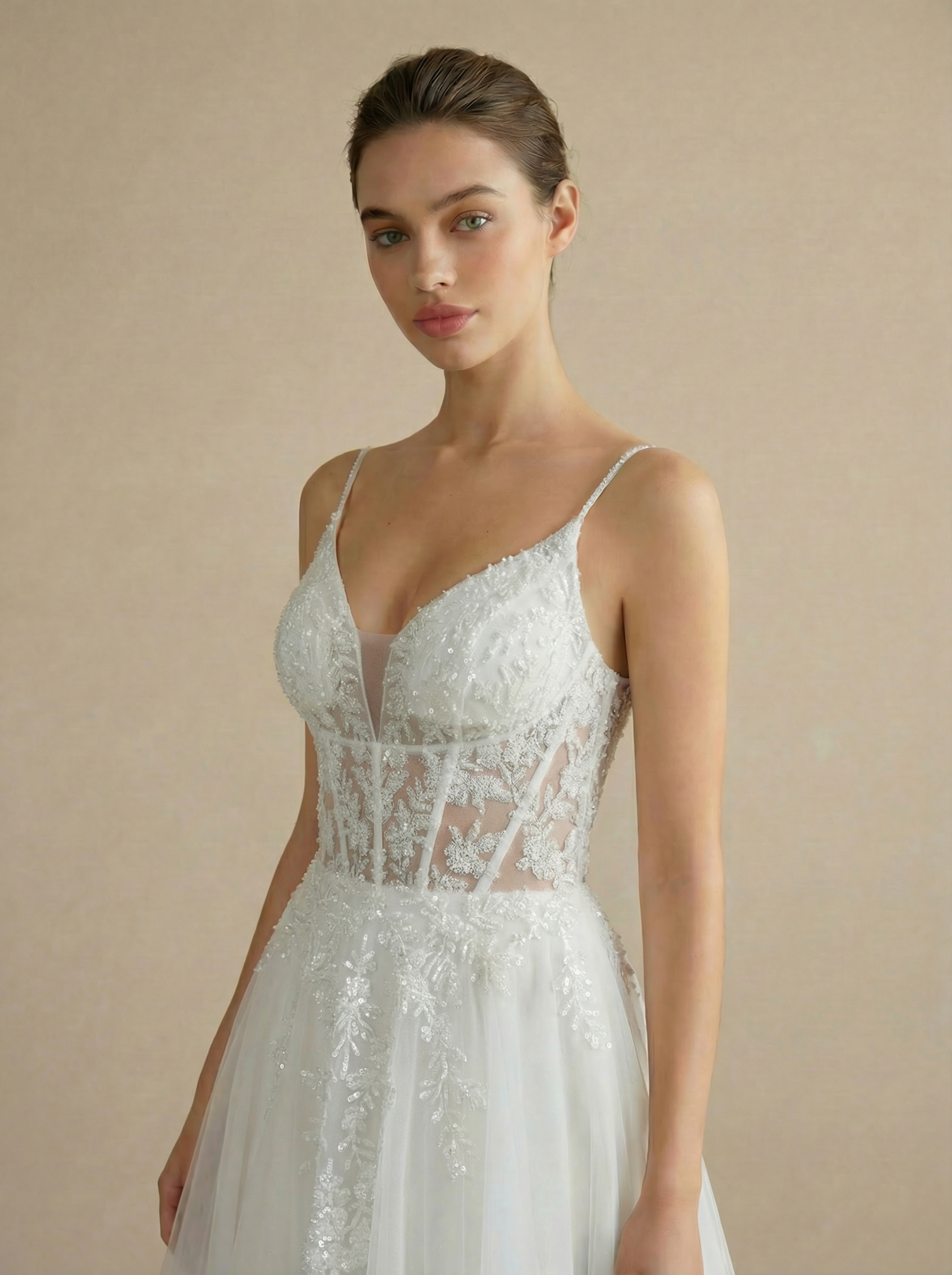 Sheer Corset Bodice Spaghetti Strap A-Line Wedding Dress