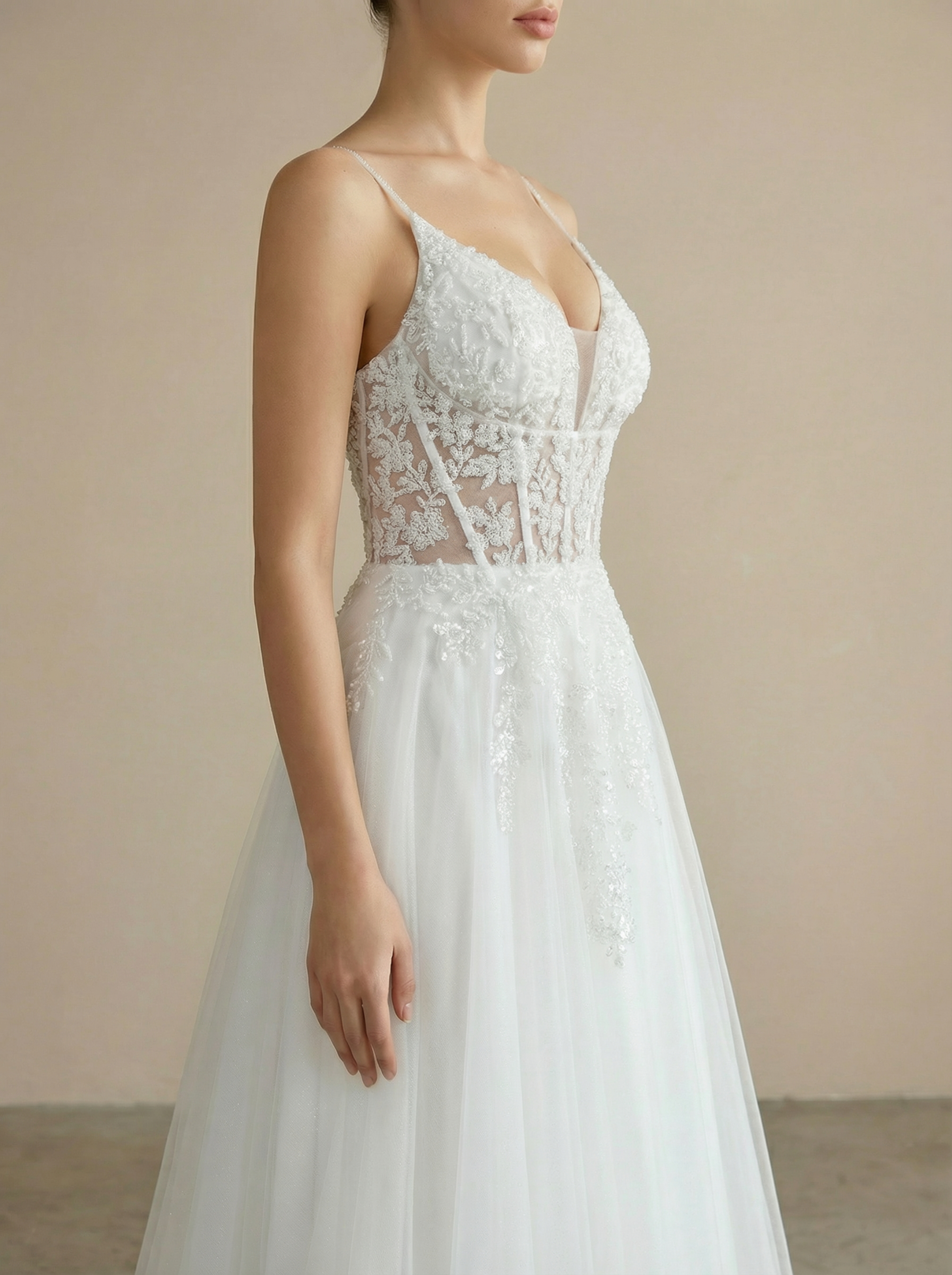 Sheer Corset Bodice Spaghetti Strap A-Line Wedding Dress