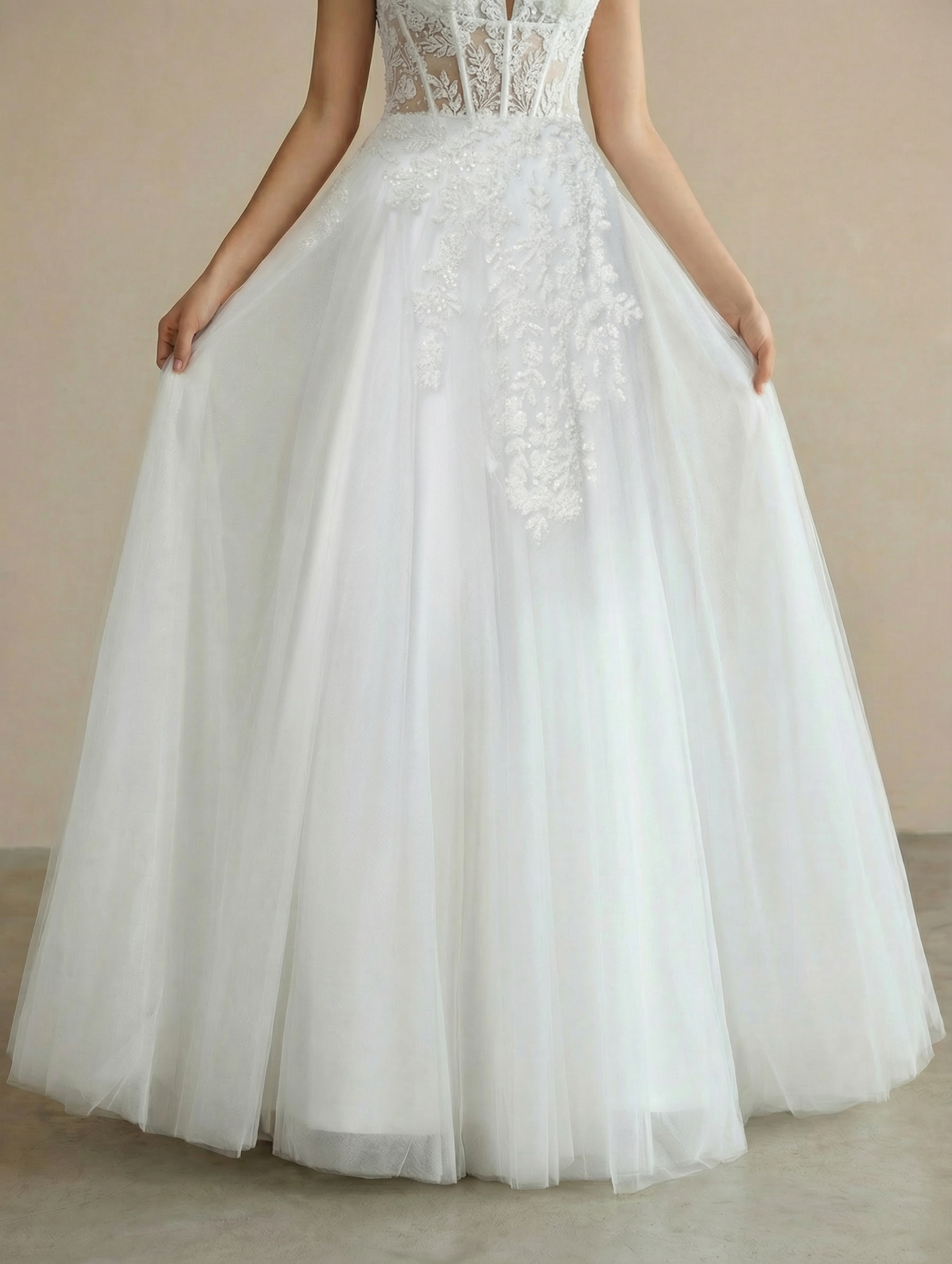 Sheer Corset Bodice Spaghetti Strap A-Line Wedding Dress